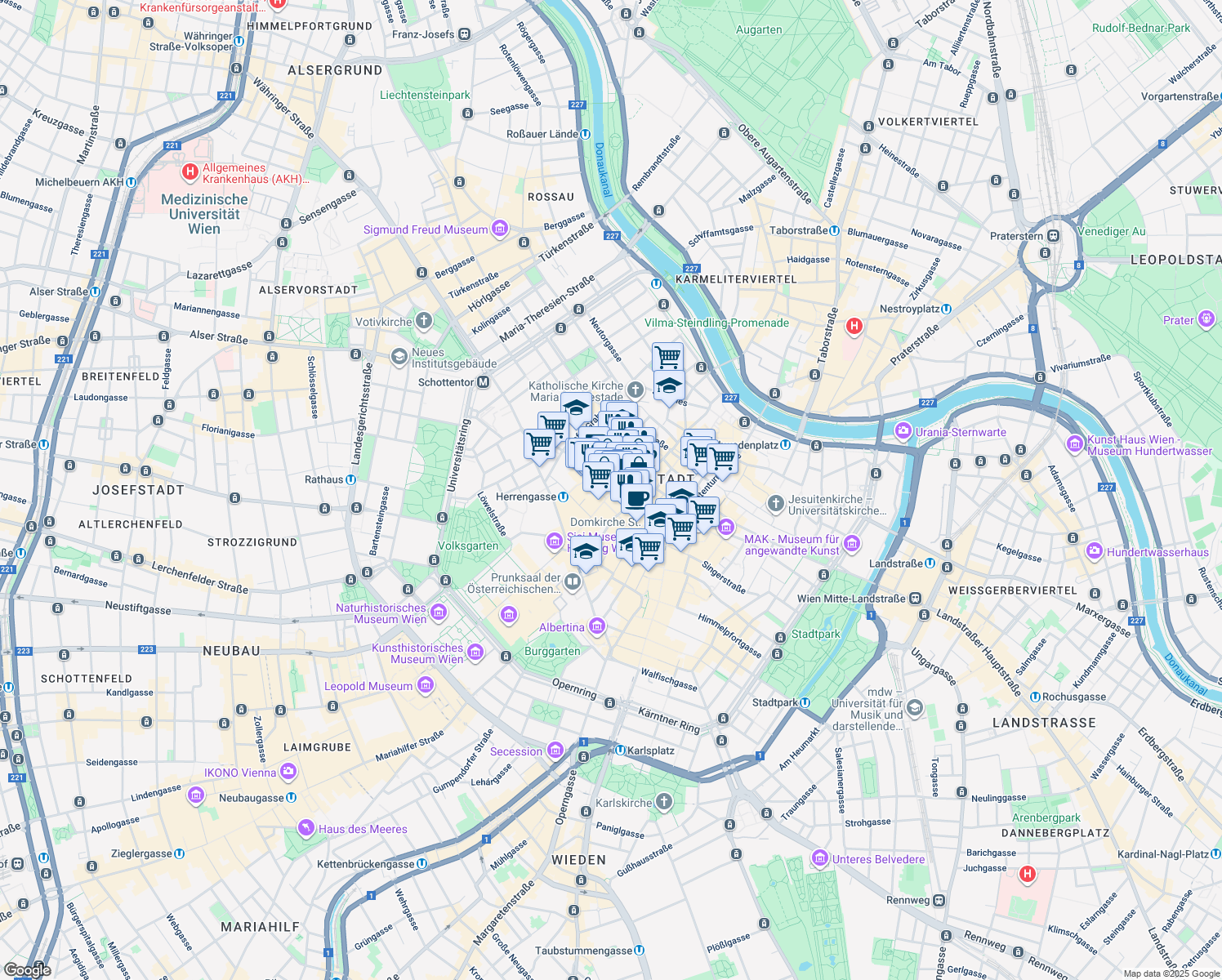 map of restaurants, bars, coffee shops, grocery stores, and more near 3-7 Tuchlauben in Wien