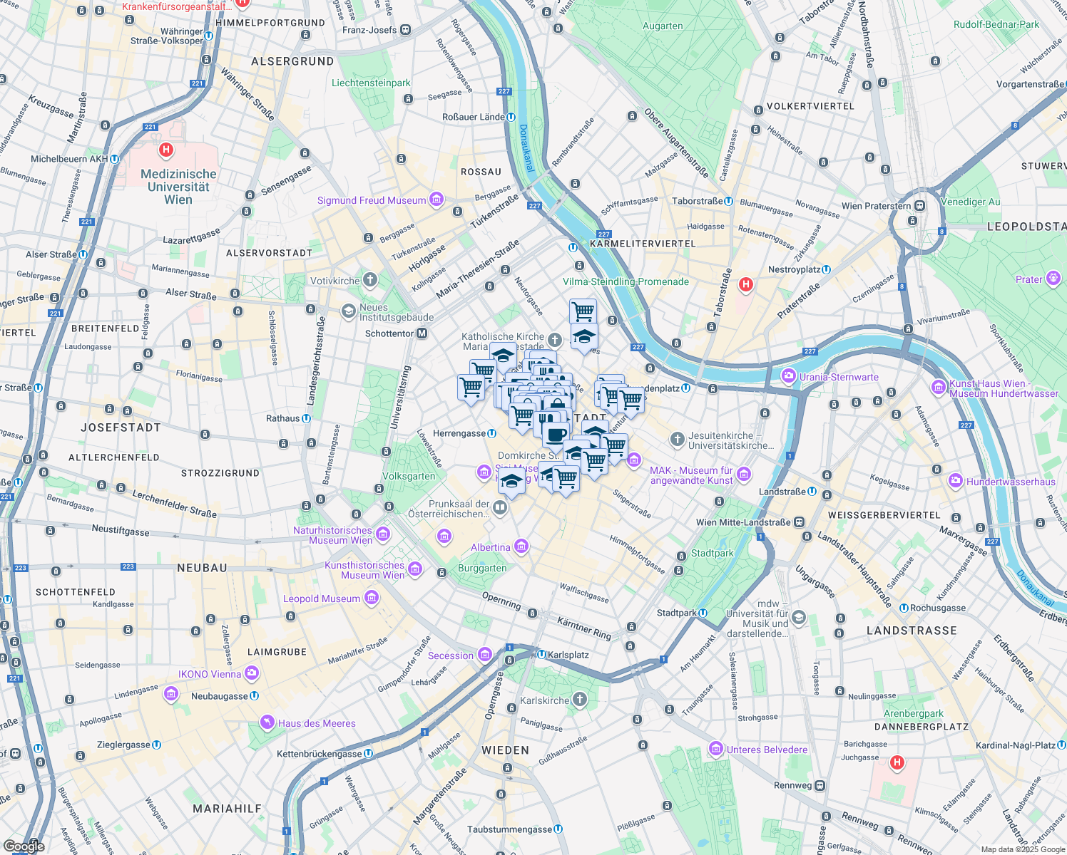 map of restaurants, bars, coffee shops, grocery stores, and more near 3-7 Tuchlauben in Wien