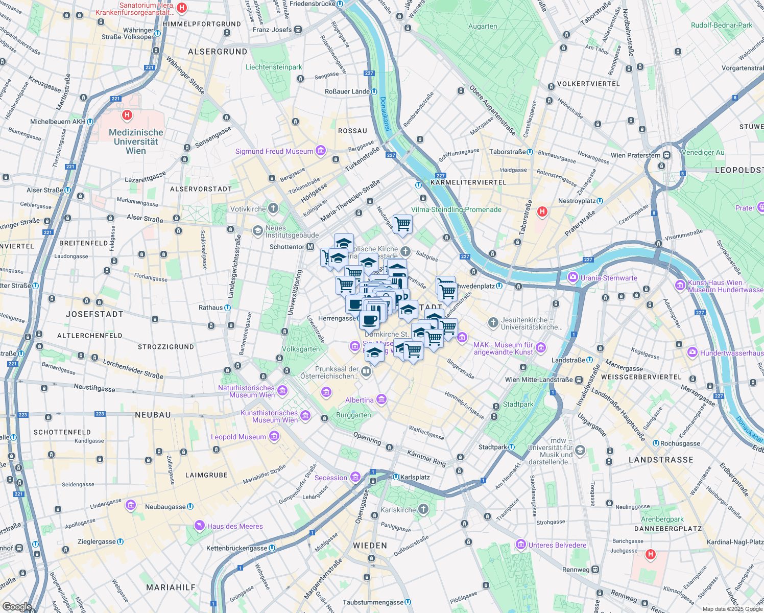map of restaurants, bars, coffee shops, grocery stores, and more near 4 Bognergasse in Wien