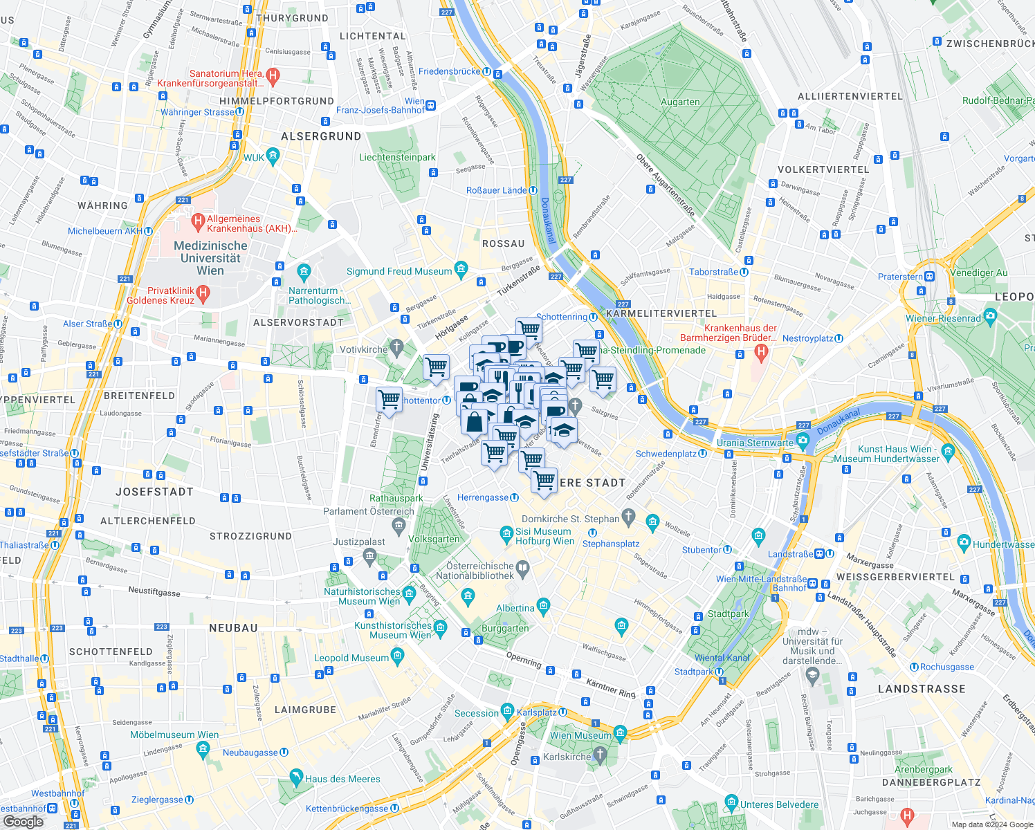 map of restaurants, bars, coffee shops, grocery stores, and more near 3 Hohenstaufengasse in Vienna