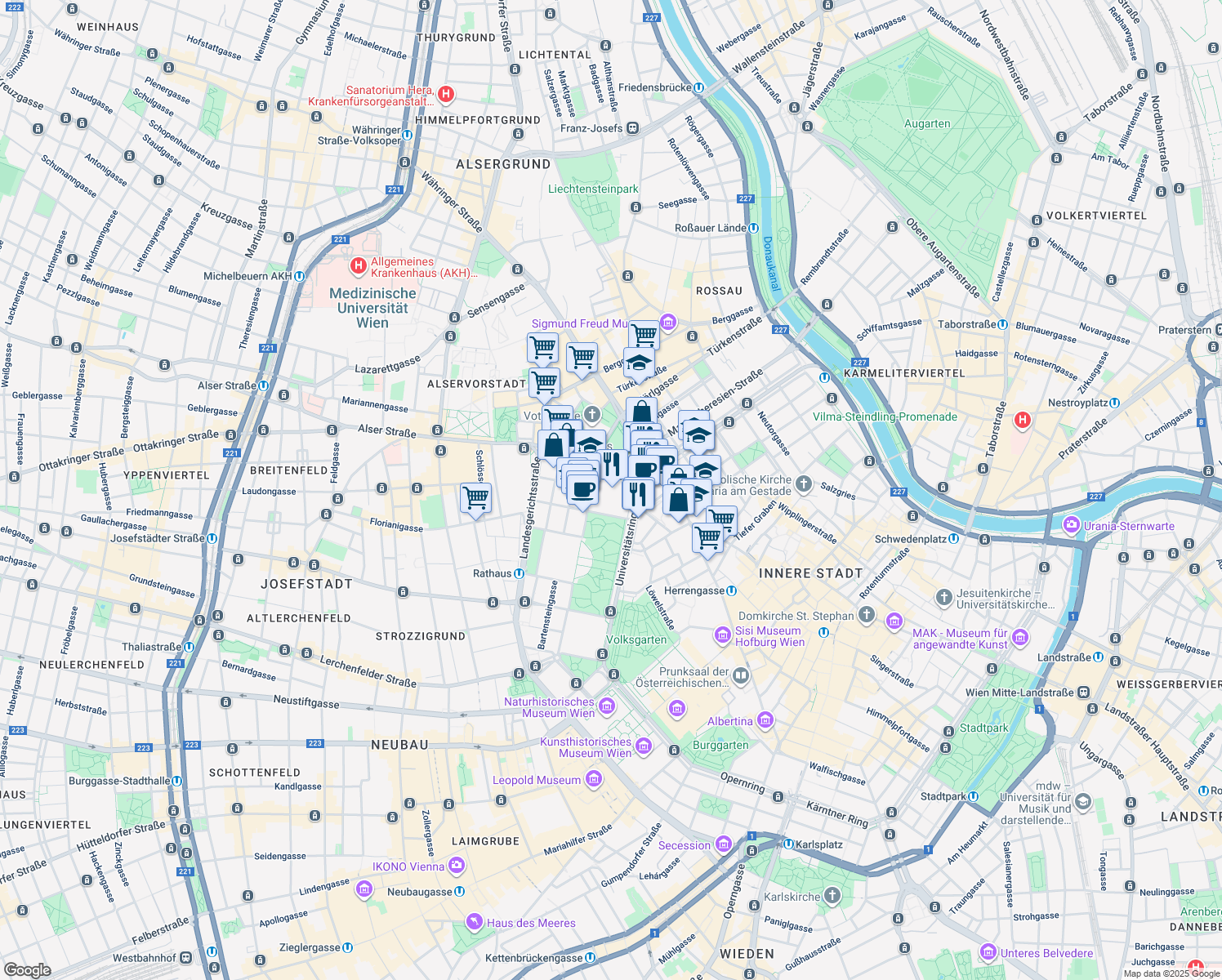 map of restaurants, bars, coffee shops, grocery stores, and more near 1 Universitätsring in Wien