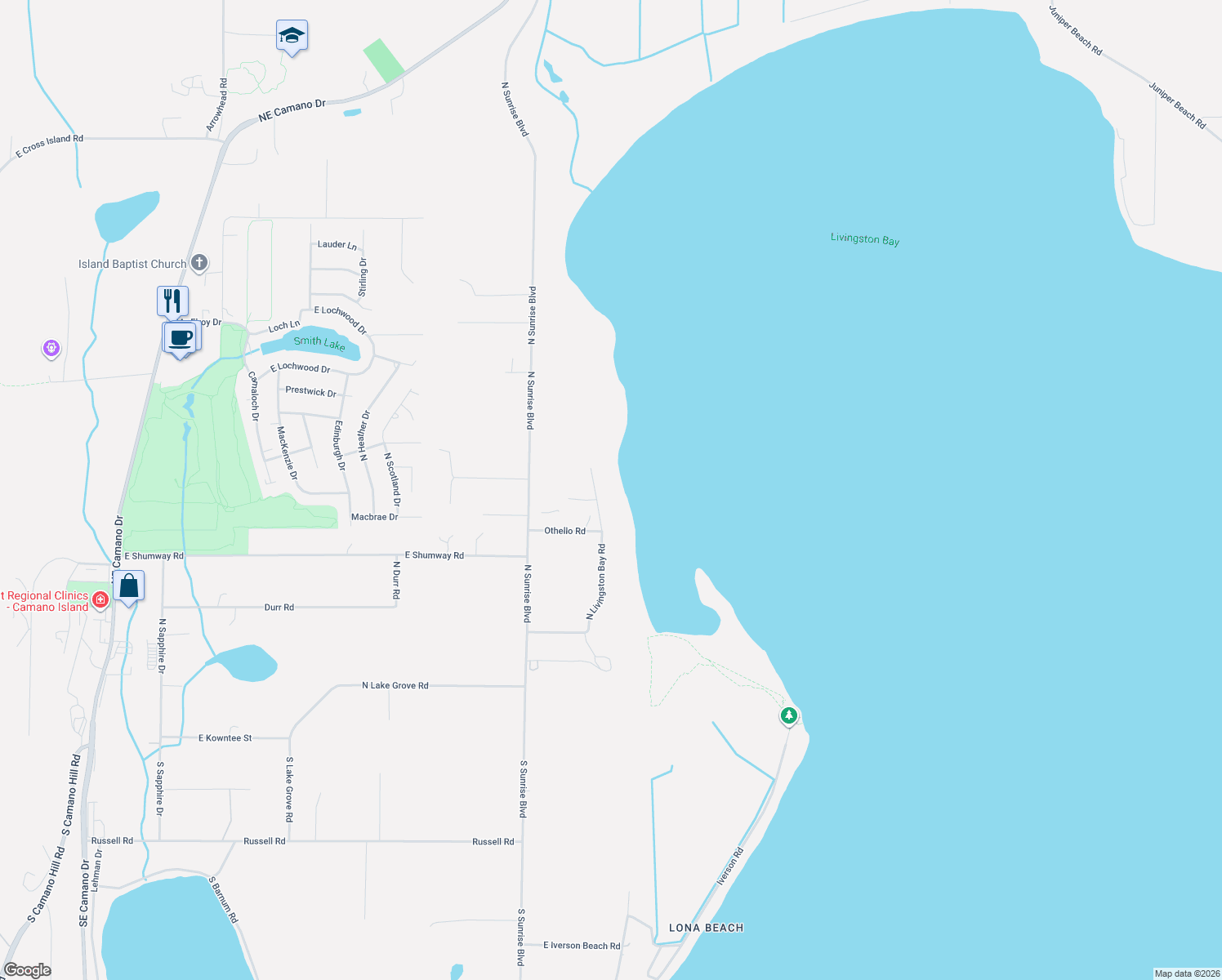 map of restaurants, bars, coffee shops, grocery stores, and more near 228 North Goodrich Road in Camano