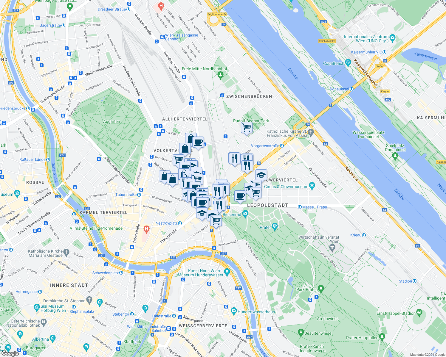 map of restaurants, bars, coffee shops, grocery stores, and more near 1 Straße der Wiener Wirtschaft in Wien