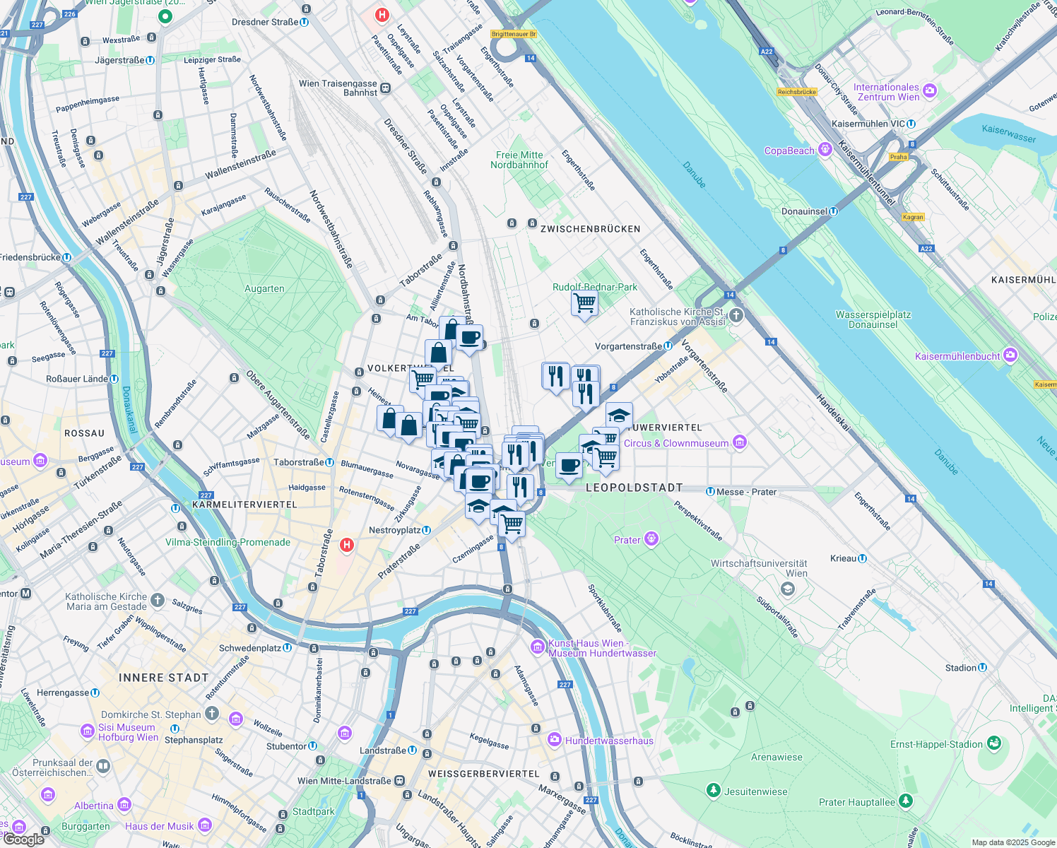 map of restaurants, bars, coffee shops, grocery stores, and more near 1 Straße der Wiener Wirtschaft in Wien