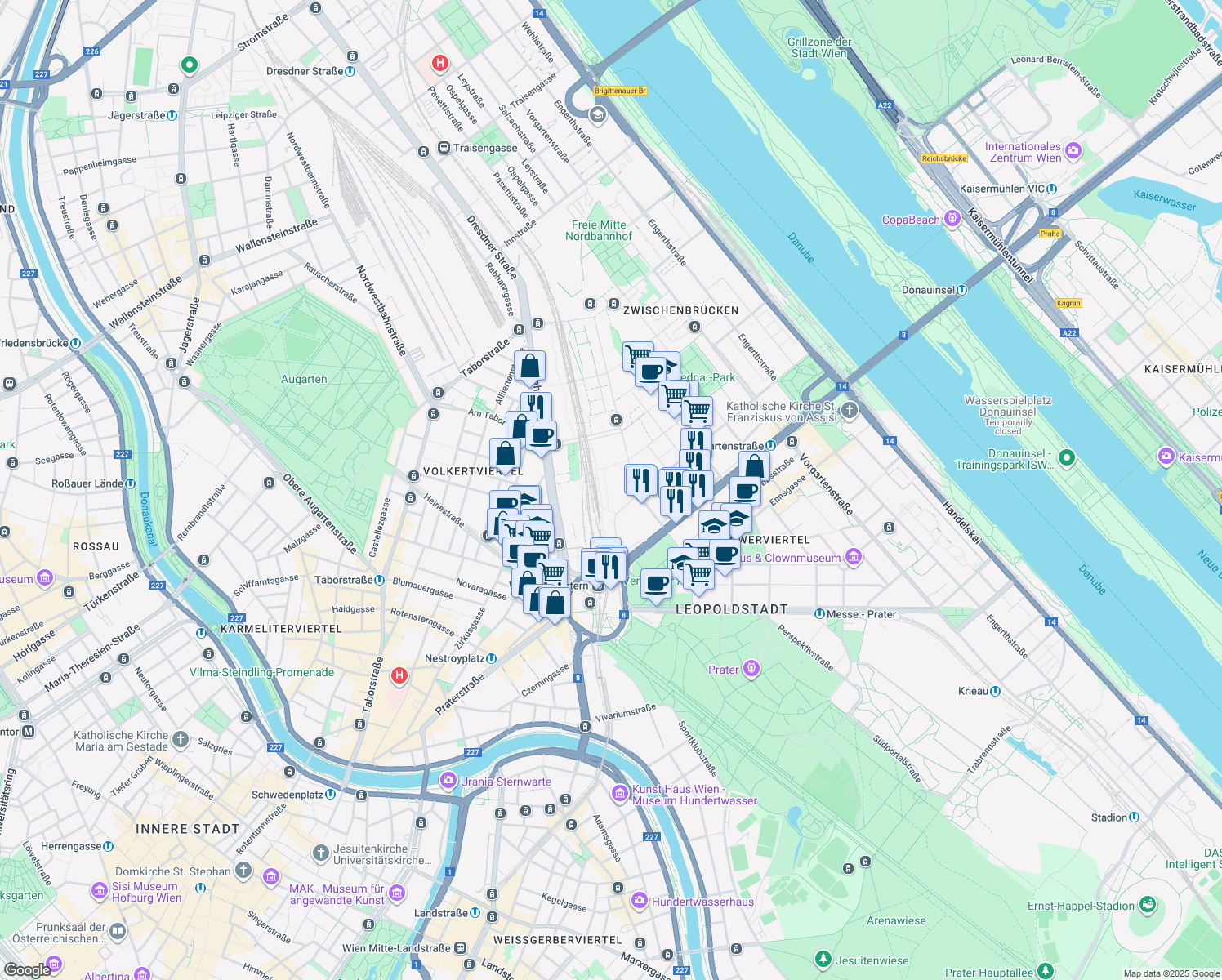 map of restaurants, bars, coffee shops, grocery stores, and more near 1a Walcherstraße in Wien