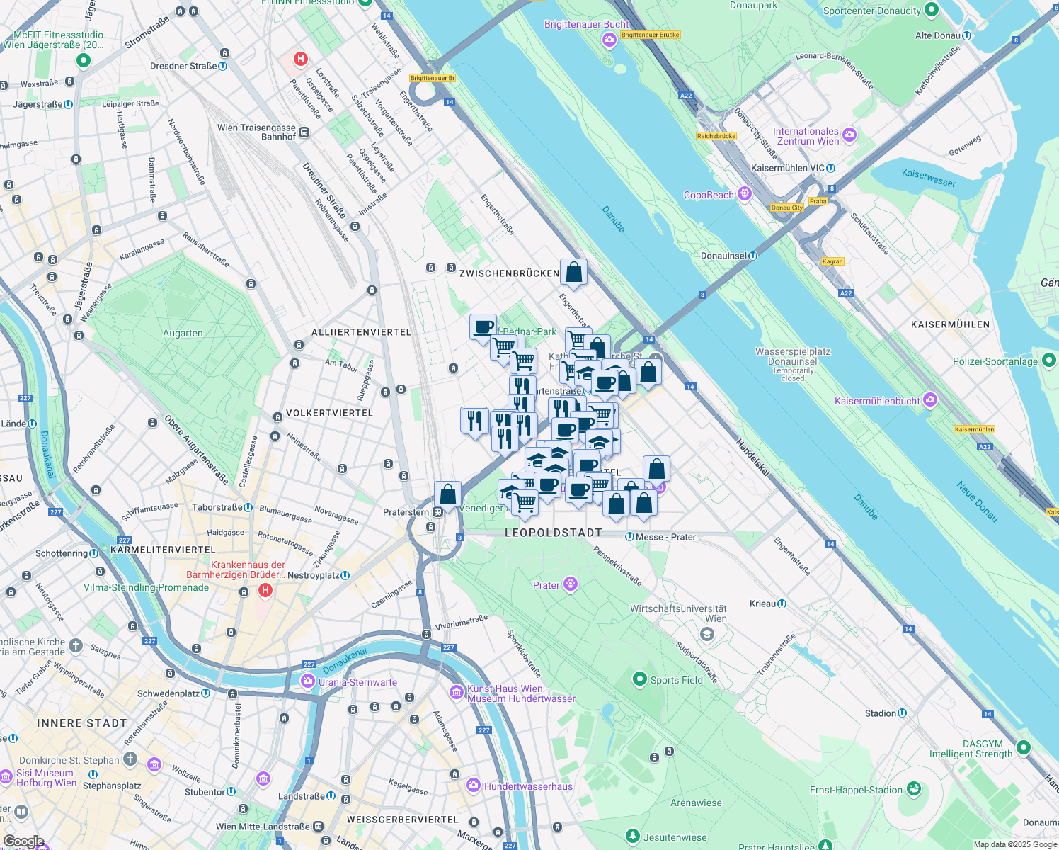 map of restaurants, bars, coffee shops, grocery stores, and more near 7A Lassallestraße in Wien