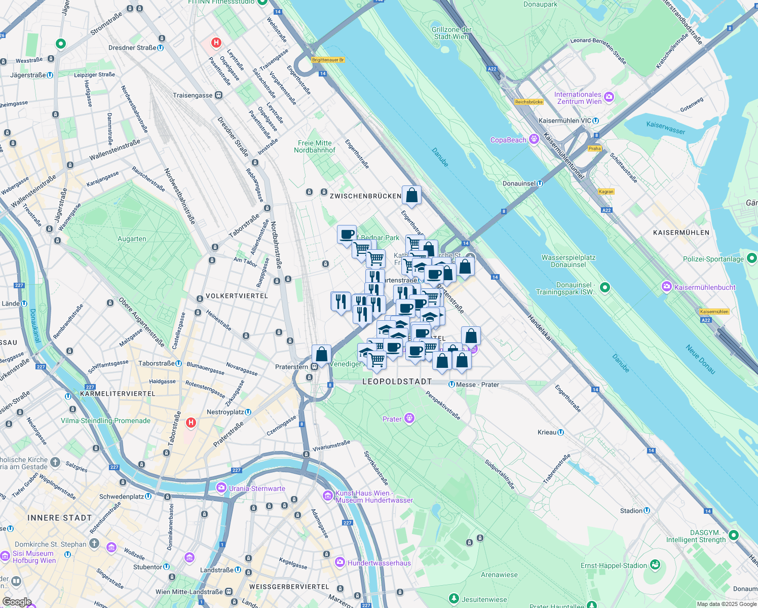 map of restaurants, bars, coffee shops, grocery stores, and more near 7A Lassallestraße in Wien