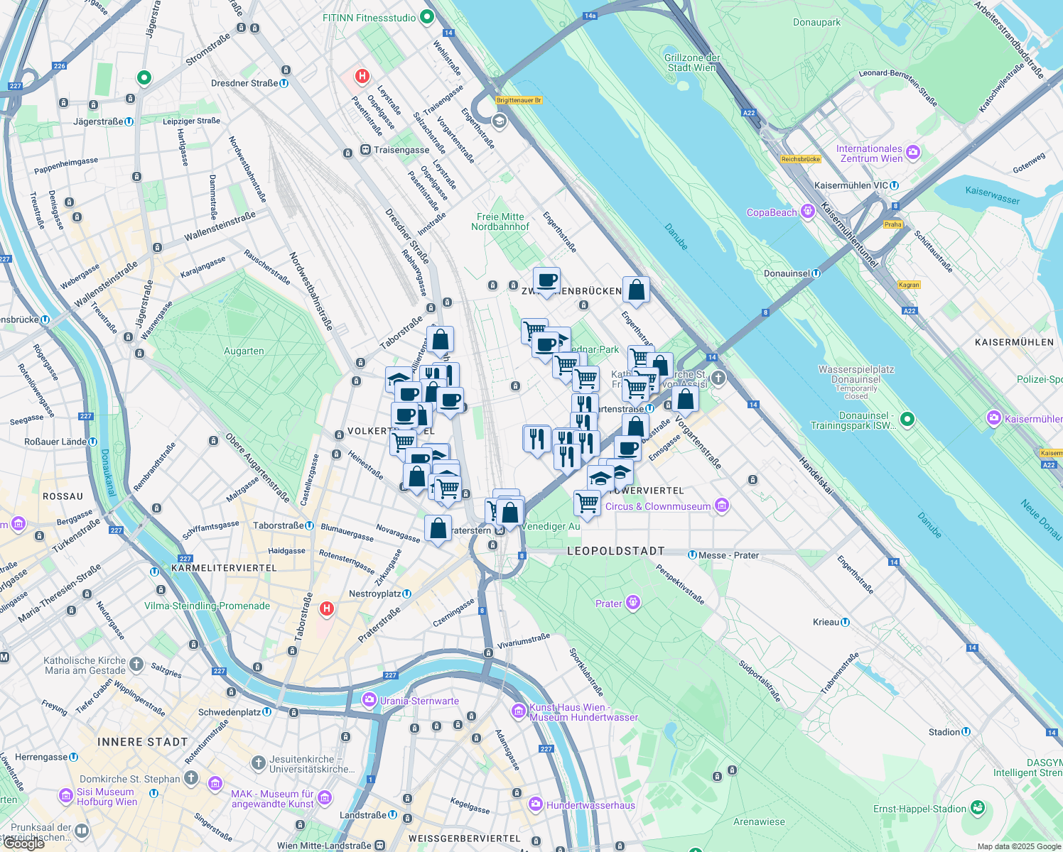map of restaurants, bars, coffee shops, grocery stores, and more near 1 Rothschildplatz in Wien