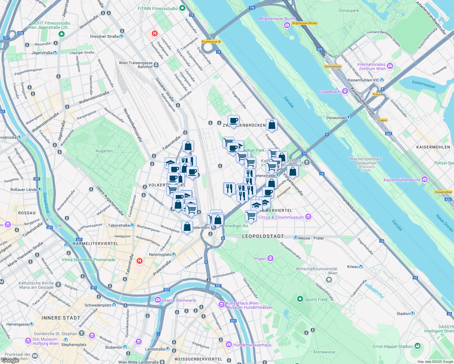 map of restaurants, bars, coffee shops, grocery stores, and more near 1 Rothschildplatz in Wien