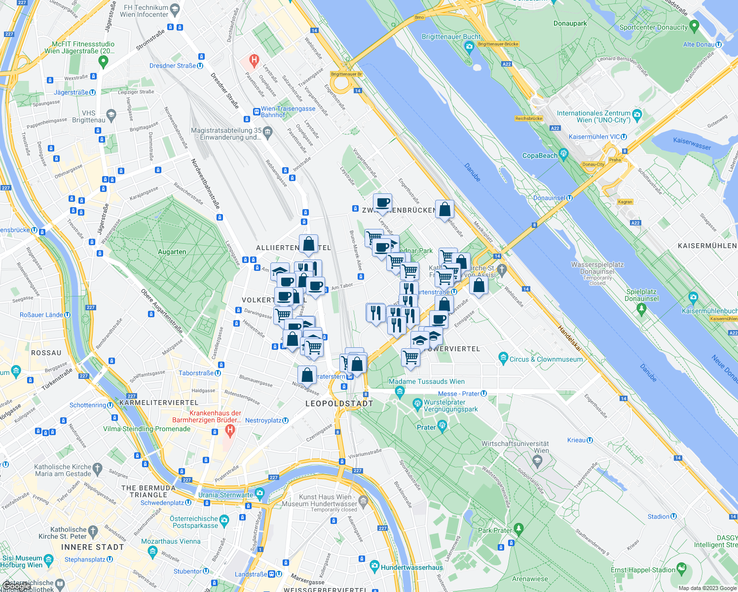 map of restaurants, bars, coffee shops, grocery stores, and more near 4 Rothschildplatz in Wien