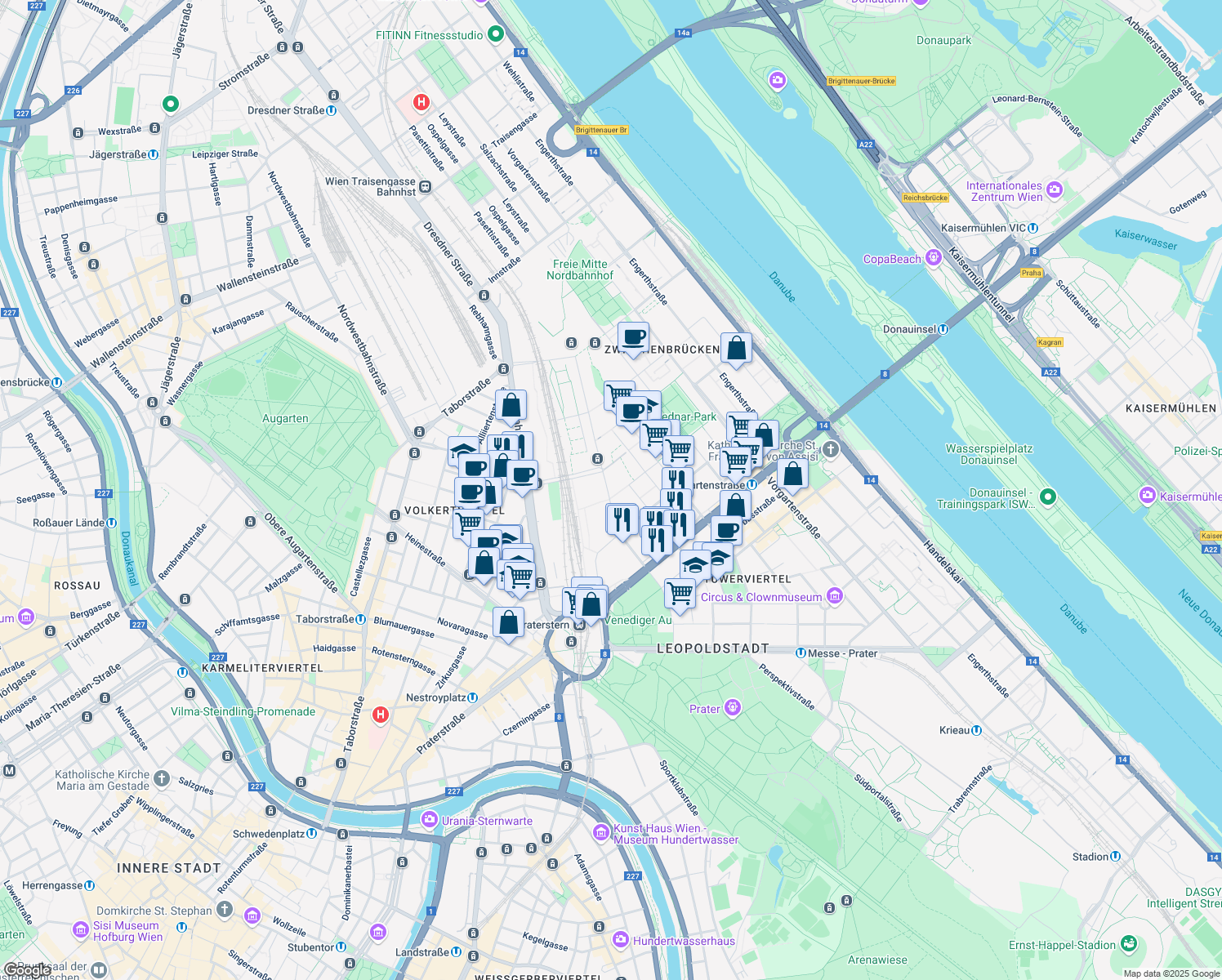map of restaurants, bars, coffee shops, grocery stores, and more near 4 Rothschildplatz in Wien