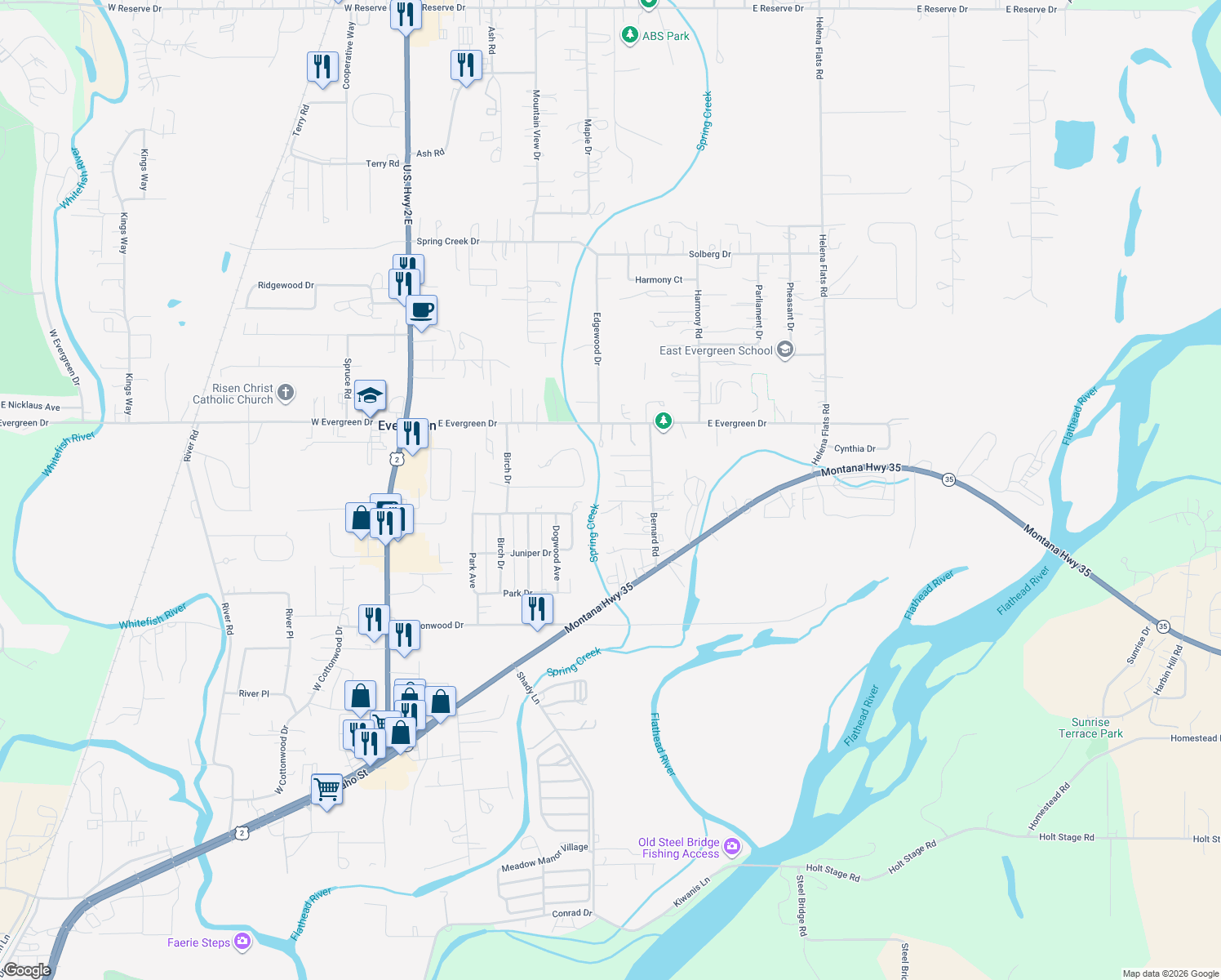 map of restaurants, bars, coffee shops, grocery stores, and more near 168 Bernard Rd in Kalispell