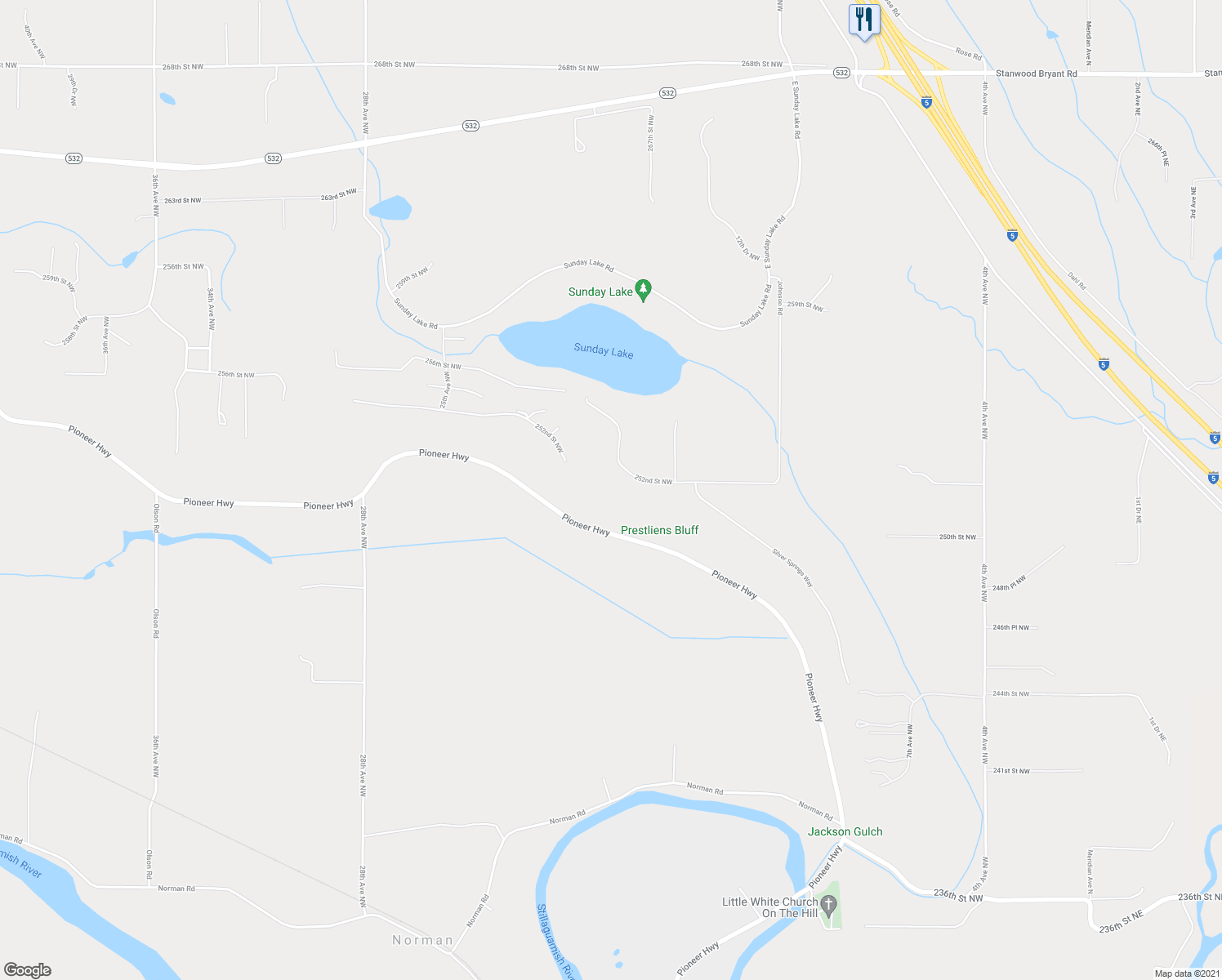 map of restaurants, bars, coffee shops, grocery stores, and more near 1800 252nd Street Northwest in Stanwood