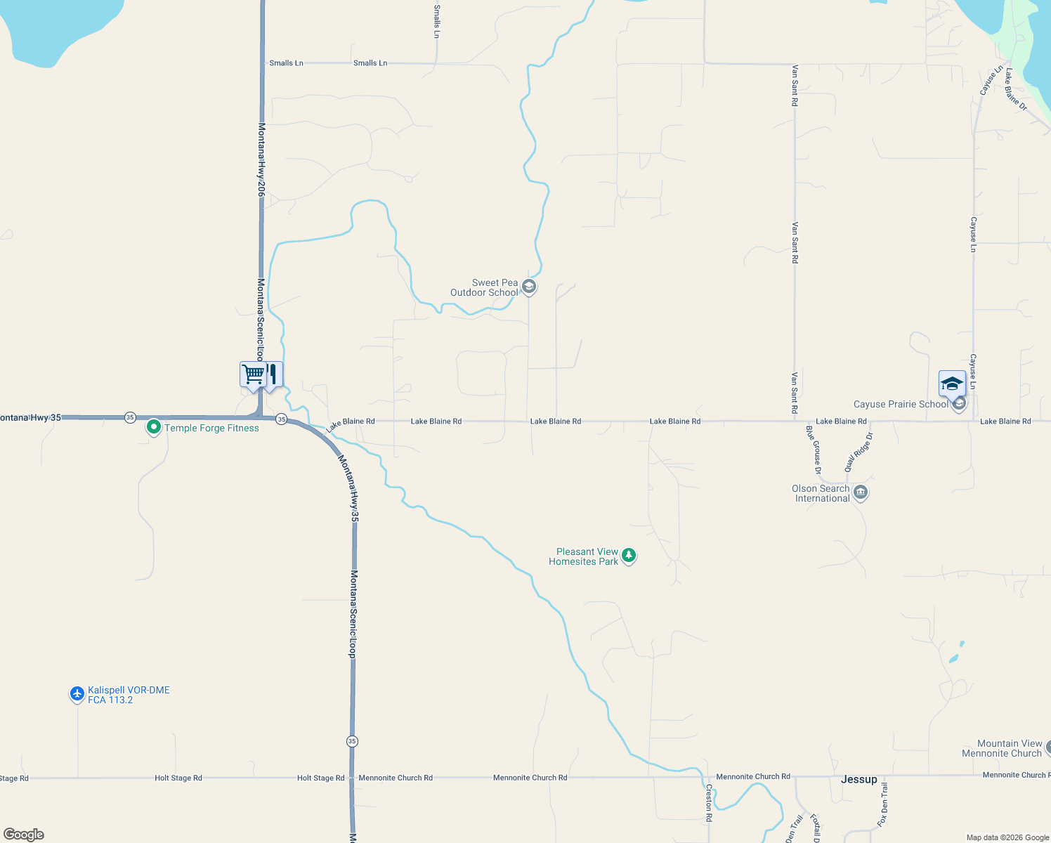 map of restaurants, bars, coffee shops, grocery stores, and more near 341 Lake Blaine Road in Kalispell