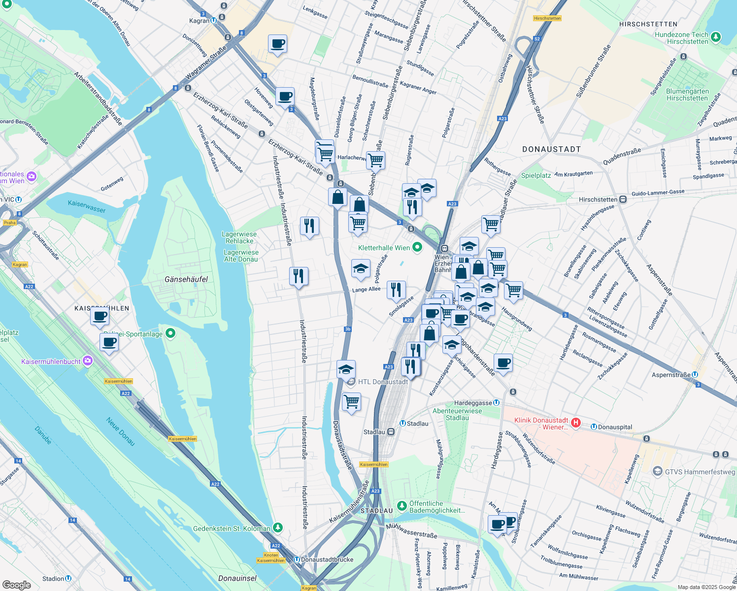 map of restaurants, bars, coffee shops, grocery stores, and more near 24 Lange Allee in Wien