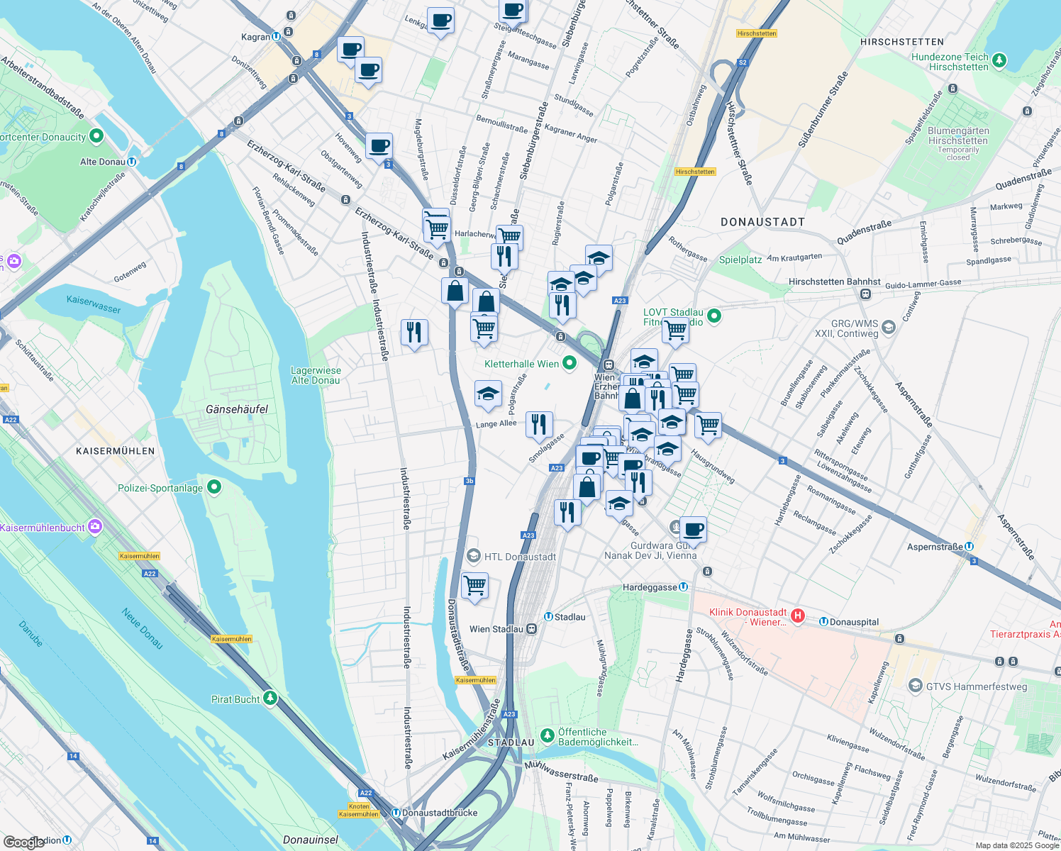 map of restaurants, bars, coffee shops, grocery stores, and more near 24 Lange Allee in Wien