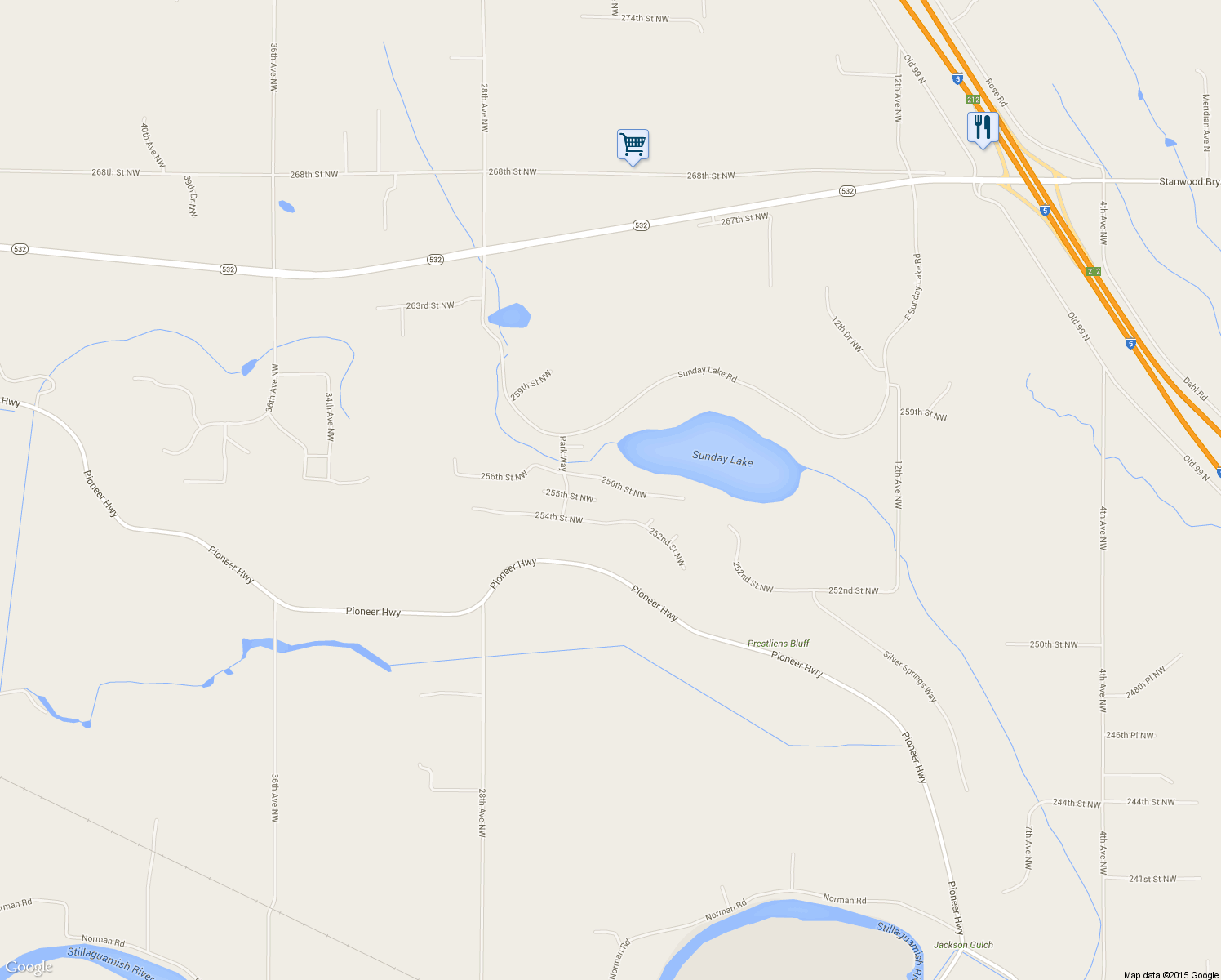 map of restaurants, bars, coffee shops, grocery stores, and more near 2232 256th Street Northwest in Stanwood