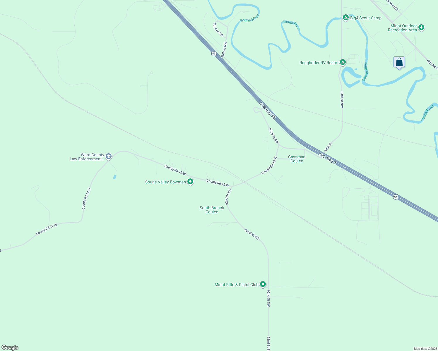map of restaurants, bars, coffee shops, grocery stores, and more near 5800-6042 County Road 12 West in Minot