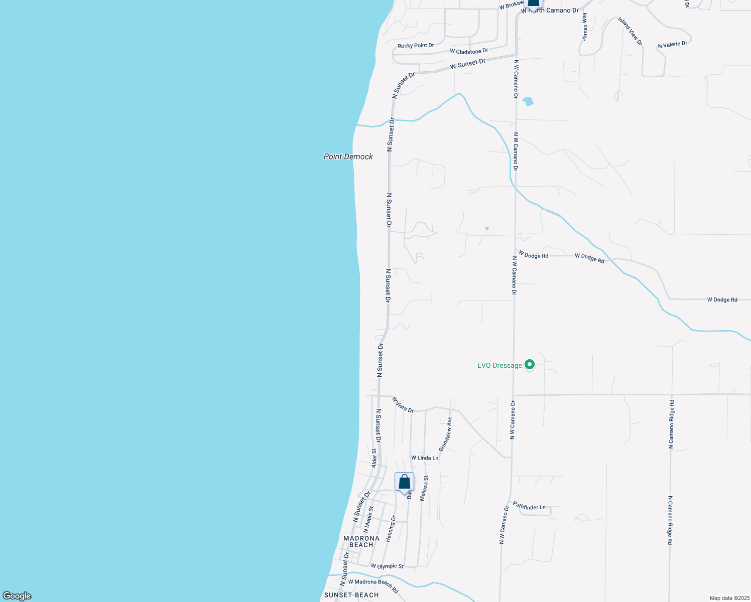 map of restaurants, bars, coffee shops, grocery stores, and more near 543 North Sunset Drive in Camano
