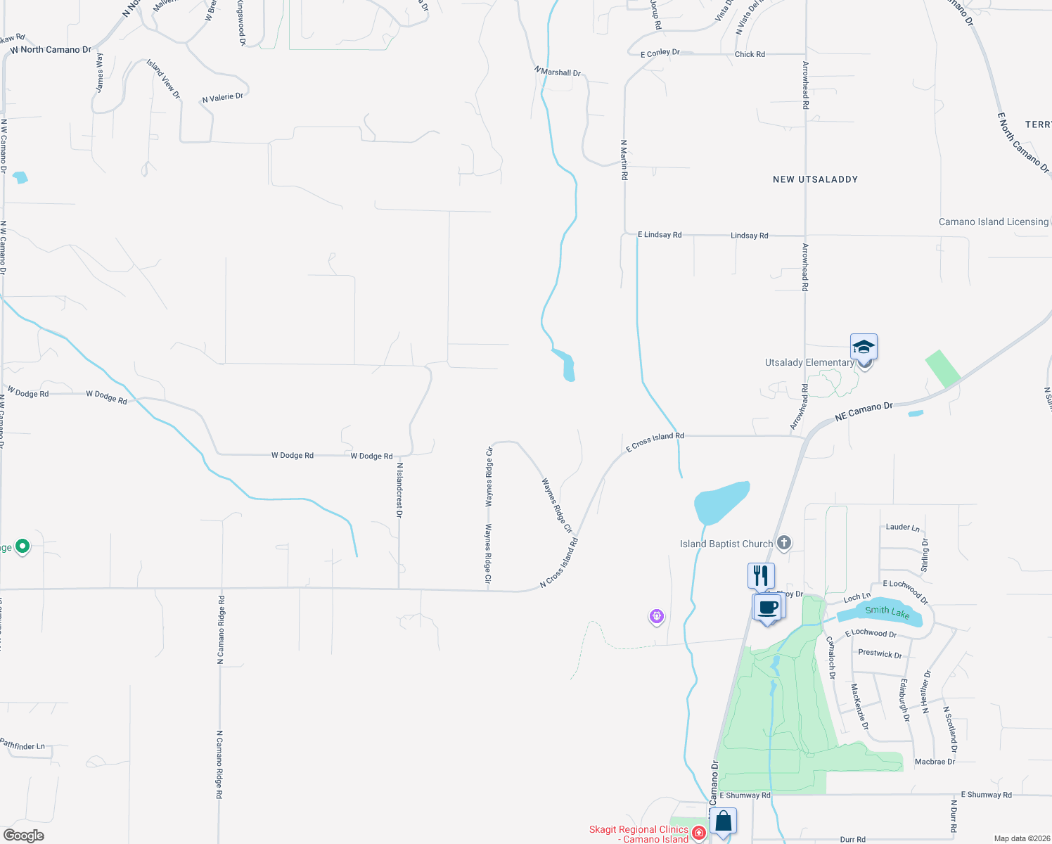 map of restaurants, bars, coffee shops, grocery stores, and more near 528 Waynes Ridge Circle in Camano