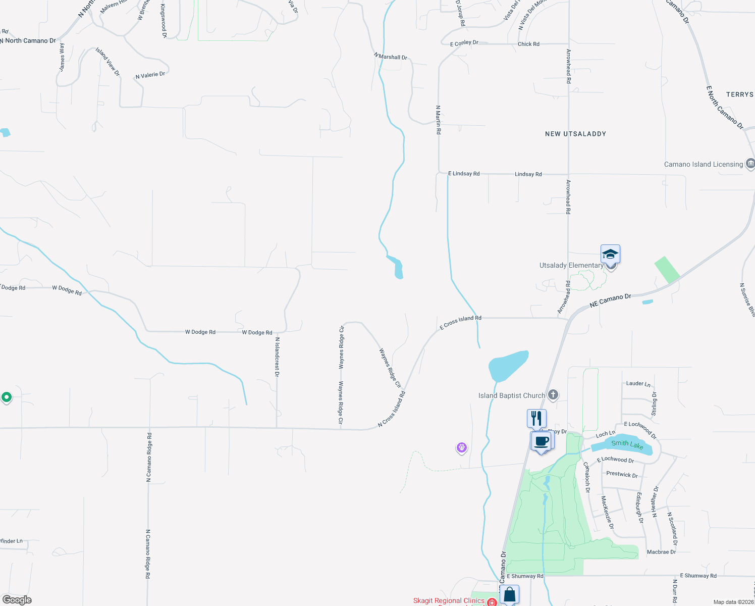 map of restaurants, bars, coffee shops, grocery stores, and more near 528 Waynes Ridge Circle in Camano