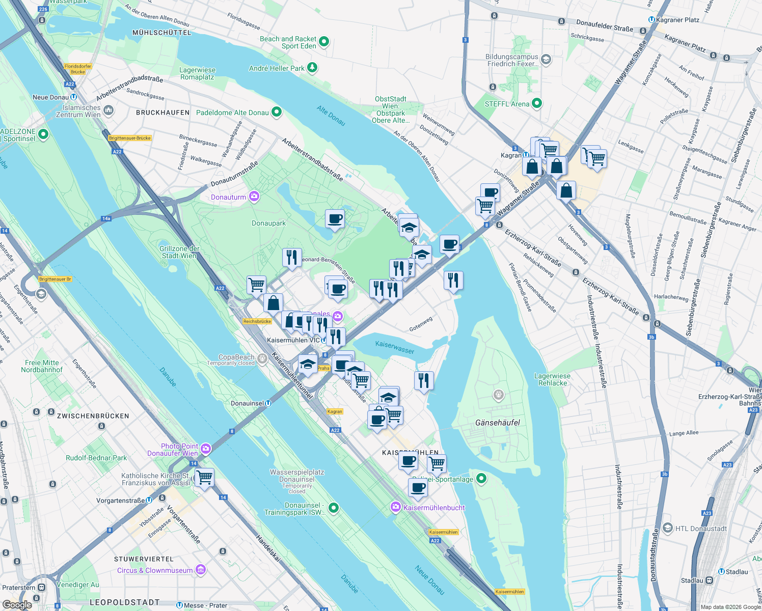 map of restaurants, bars, coffee shops, grocery stores, and more near 19 Wagramer Straße in Wien