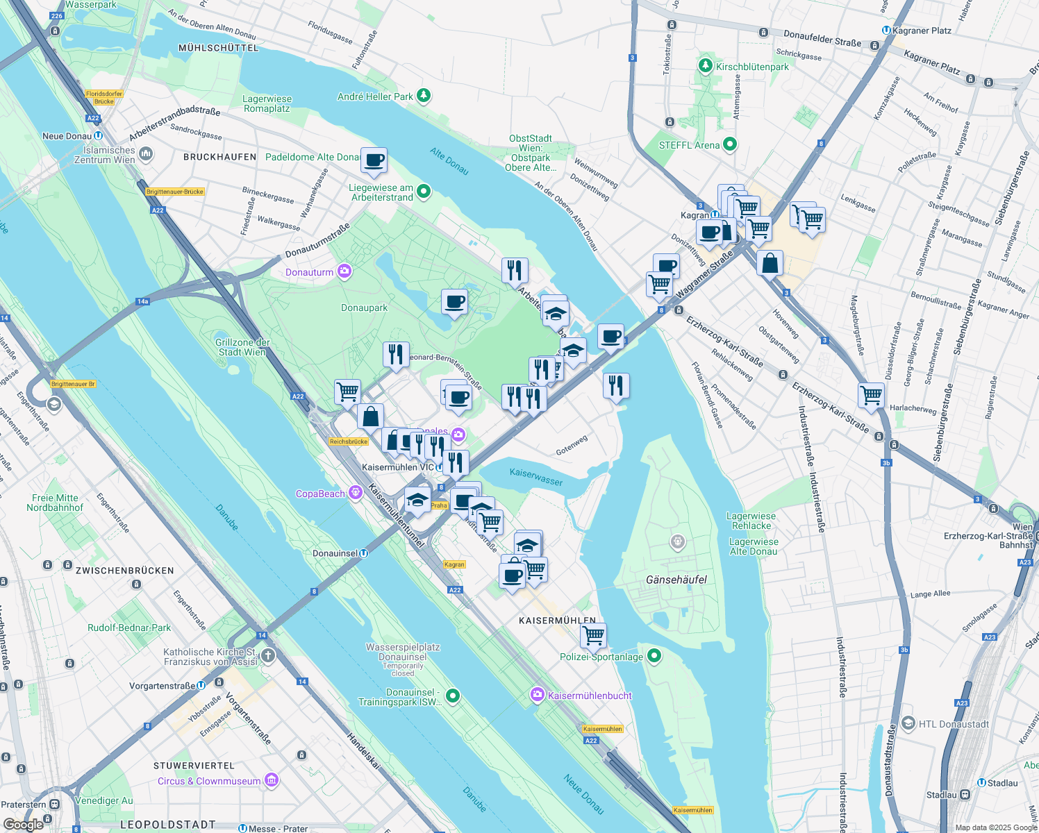 map of restaurants, bars, coffee shops, grocery stores, and more near 19 Wagramer Straße in Wien