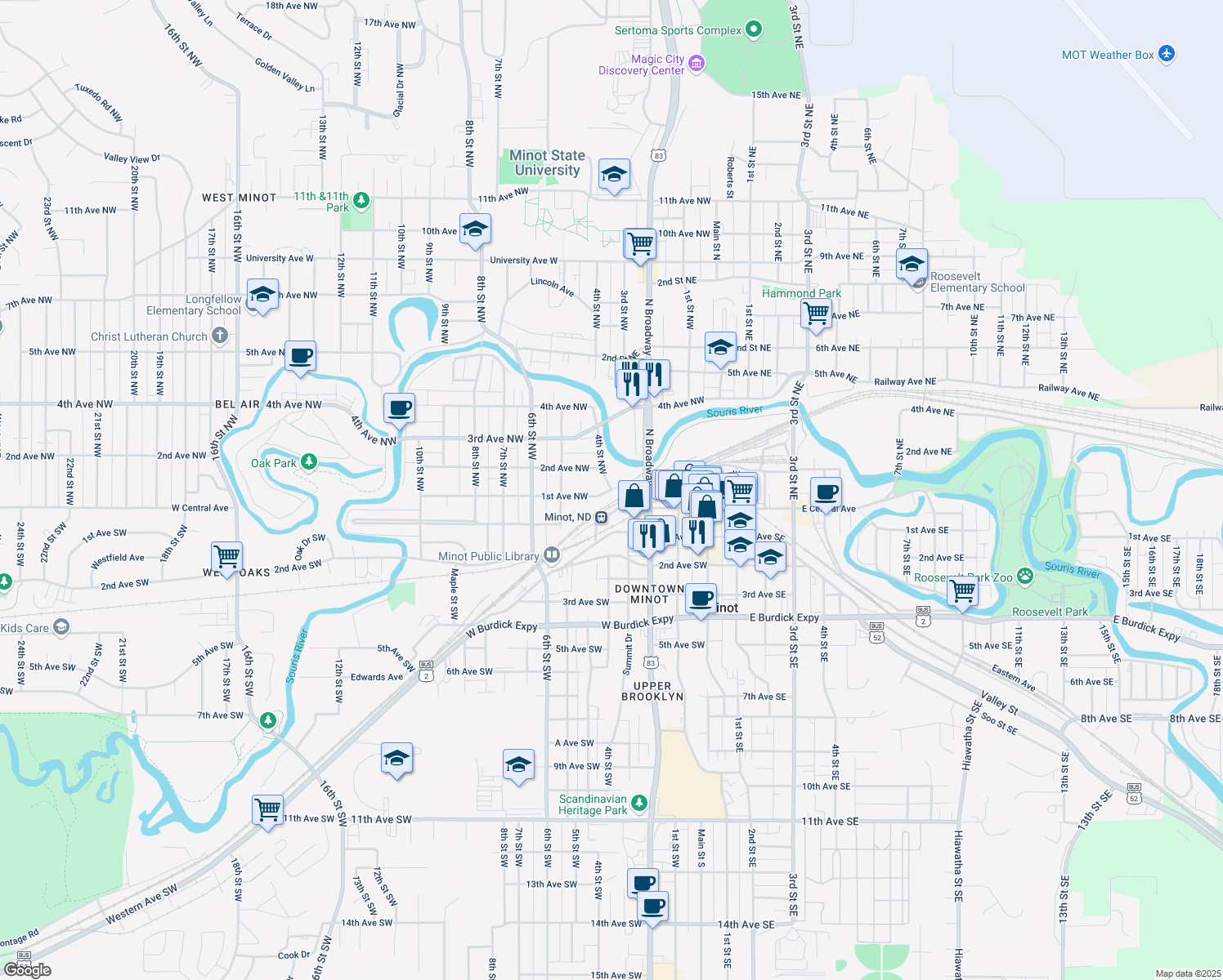 map of restaurants, bars, coffee shops, grocery stores, and more near 421 1st Ave NW in Minot
