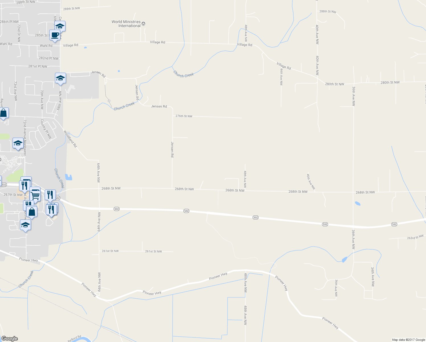 map of restaurants, bars, coffee shops, grocery stores, and more near 5115 268th Street Northwest in Stanwood