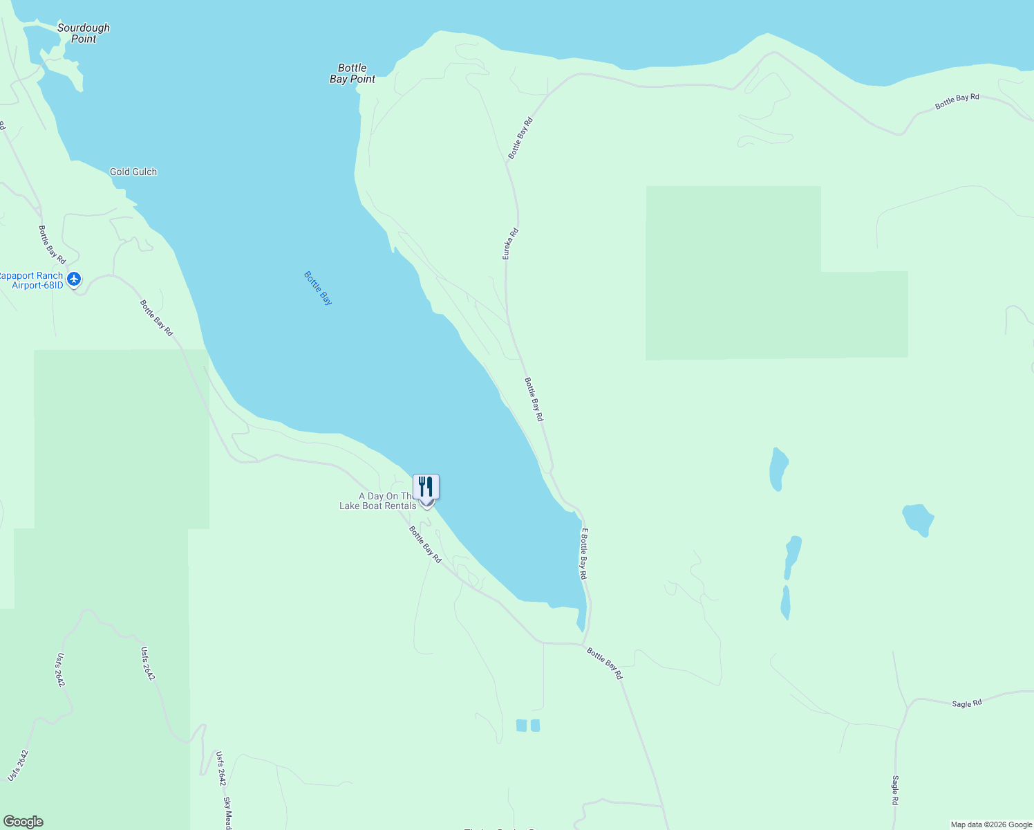 map of restaurants, bars, coffee shops, grocery stores, and more near 735 East Bottle Bay Road in Sagle