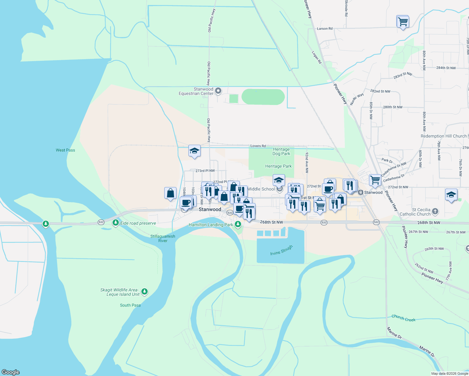 map of restaurants, bars, coffee shops, grocery stores, and more near 9910 272nd Street Northwest in Stanwood