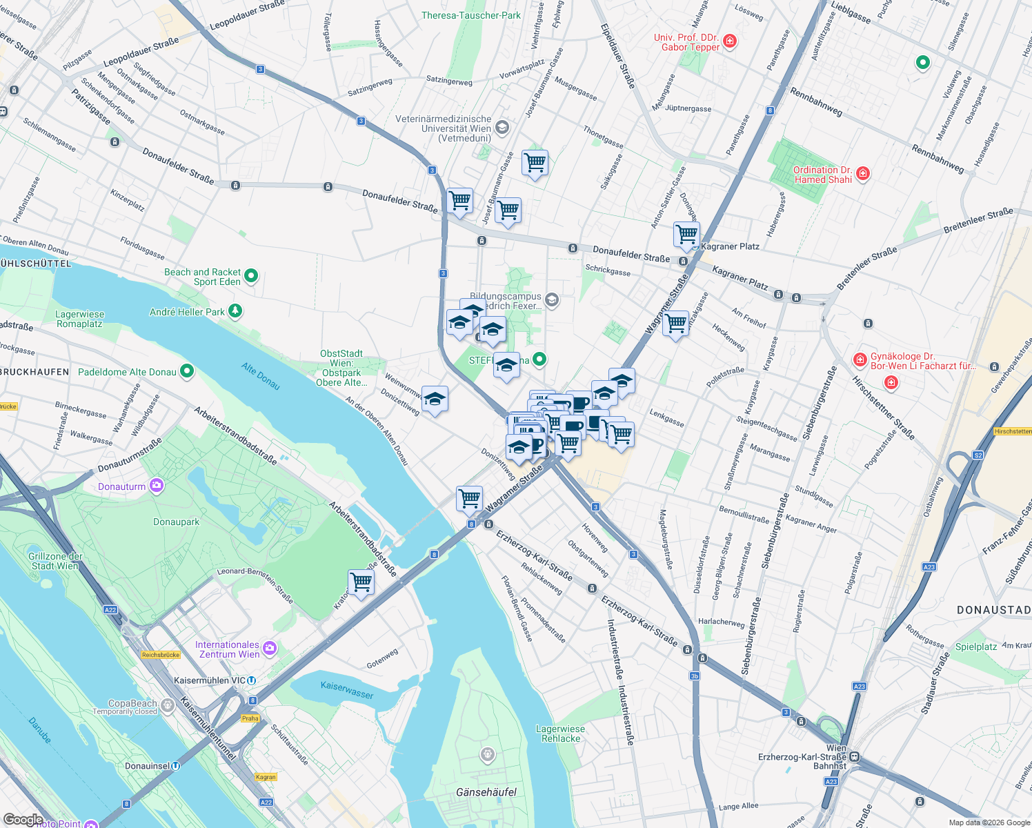 map of restaurants, bars, coffee shops, grocery stores, and more near 5 Doktor-Adolf-Schärf-Platz in Wien