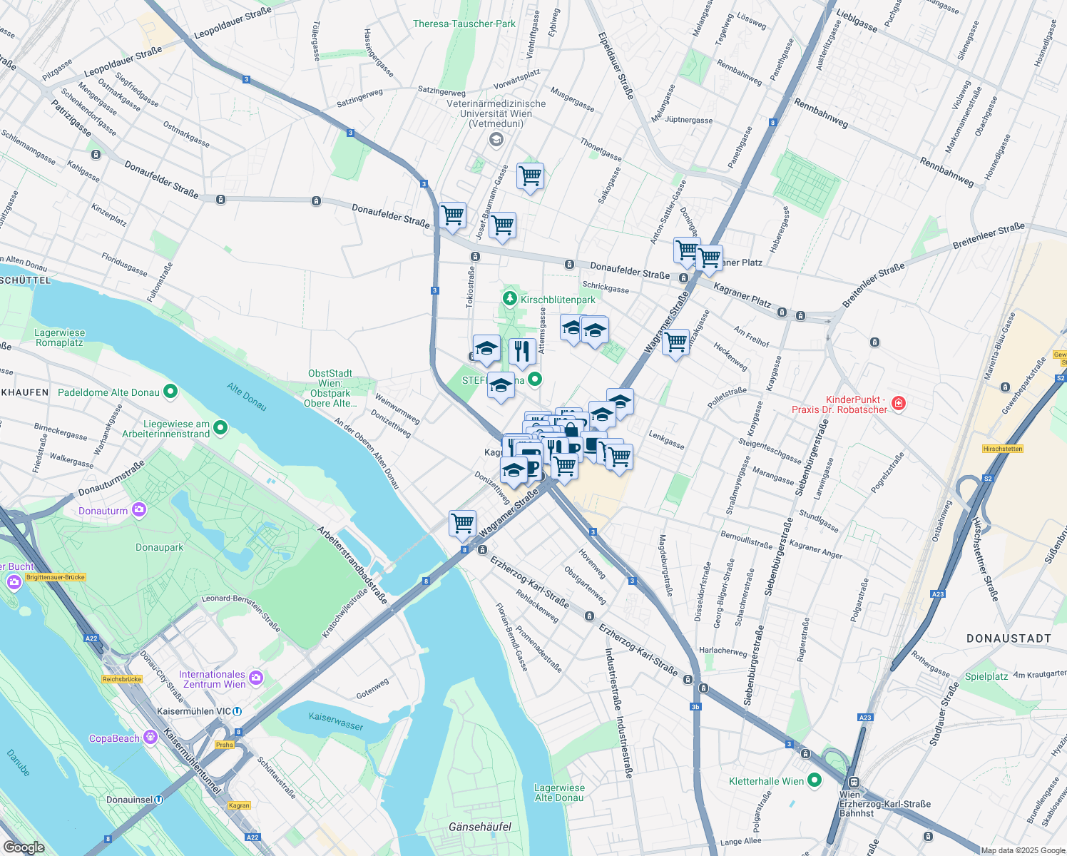 map of restaurants, bars, coffee shops, grocery stores, and more near Doktor-Adolf-Schärf-Platz in Wien