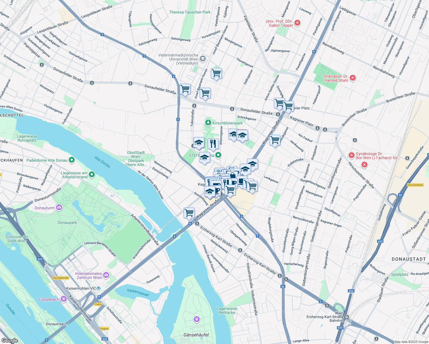 map of restaurants, bars, coffee shops, grocery stores, and more near Doktor-Adolf-Schärf-Platz in Wien
