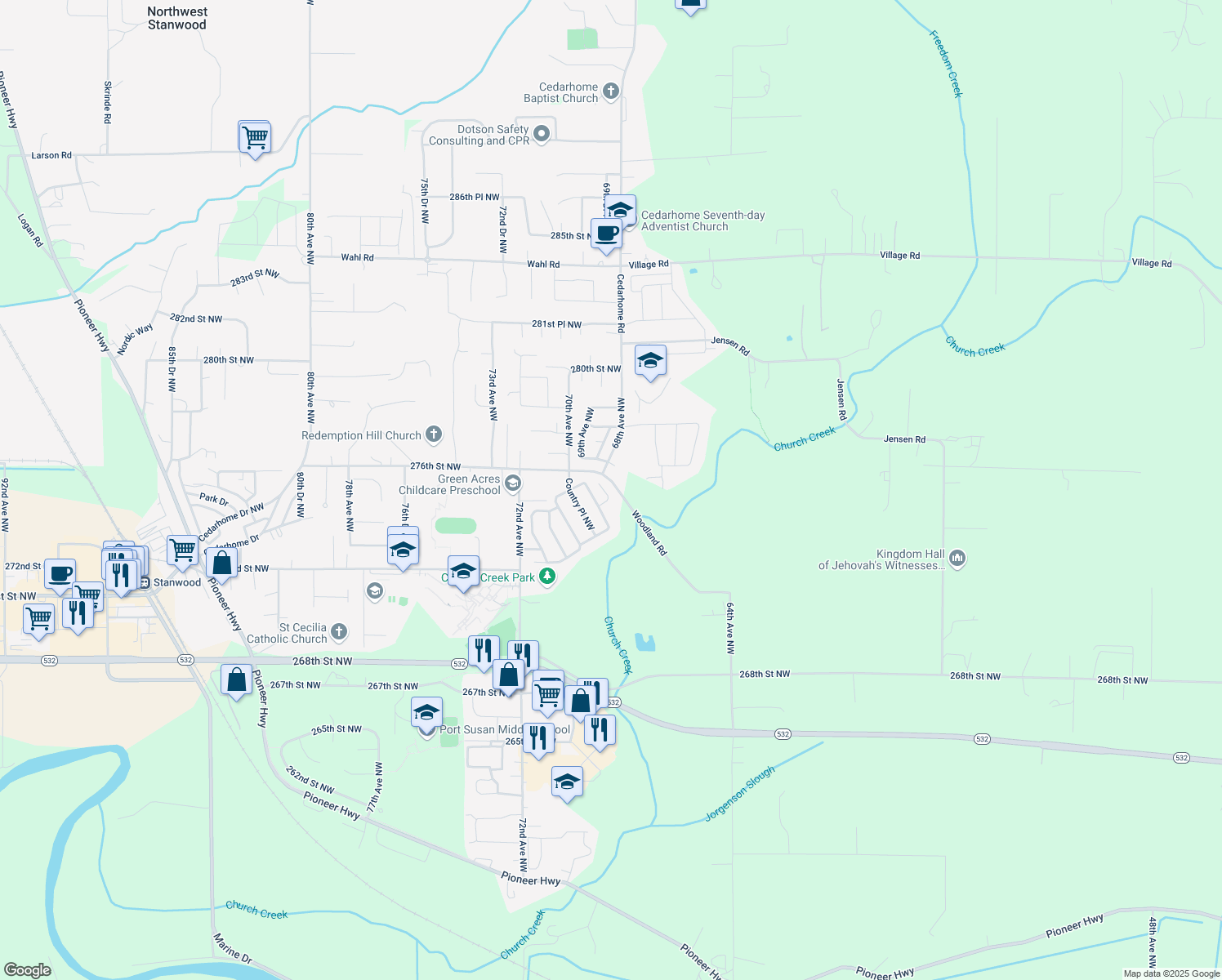 map of restaurants, bars, coffee shops, grocery stores, and more near 6812 Church Creek Court Northwest in Stanwood