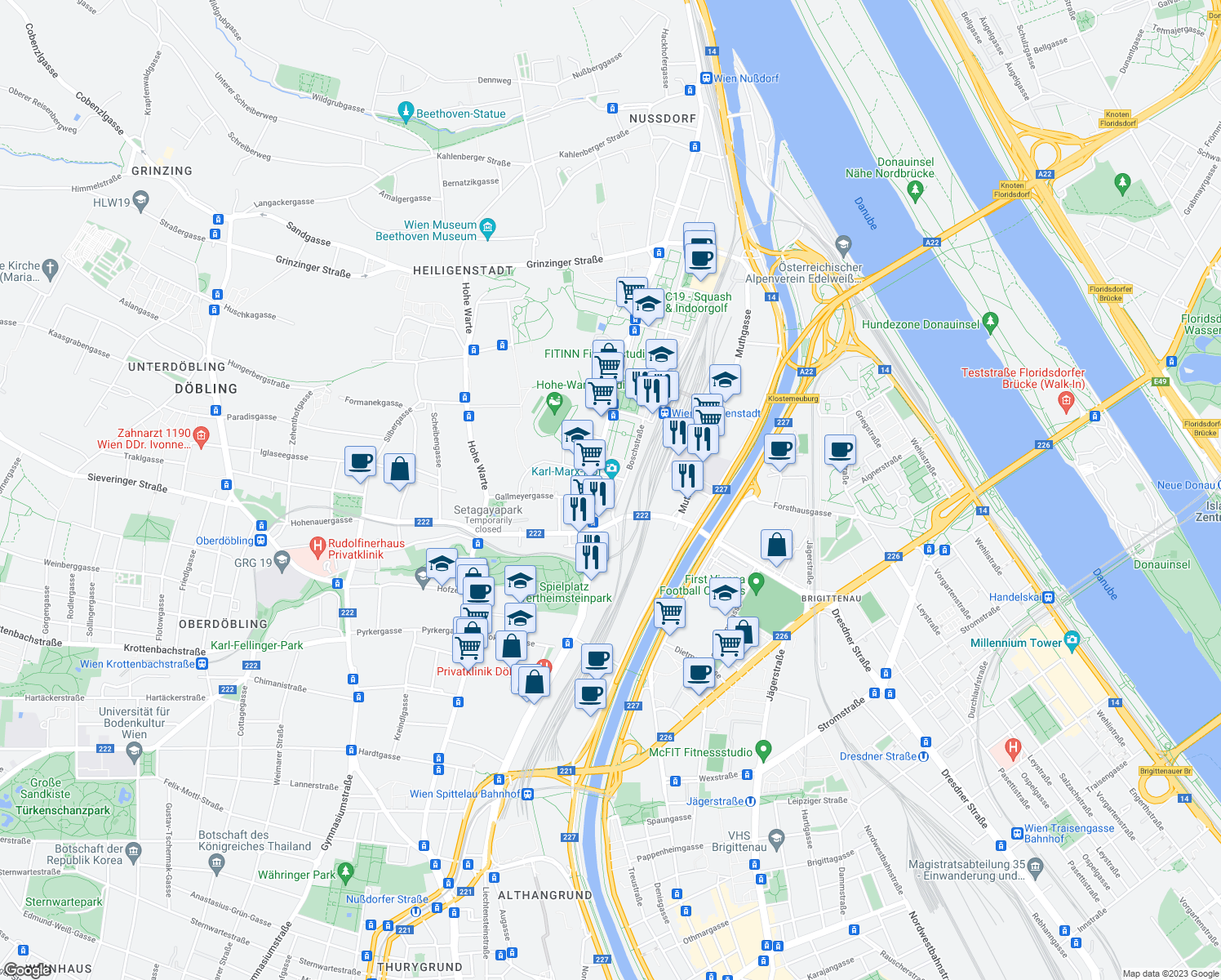 map of restaurants, bars, coffee shops, grocery stores, and more near 82 Heiligenstädter Straße in Wien