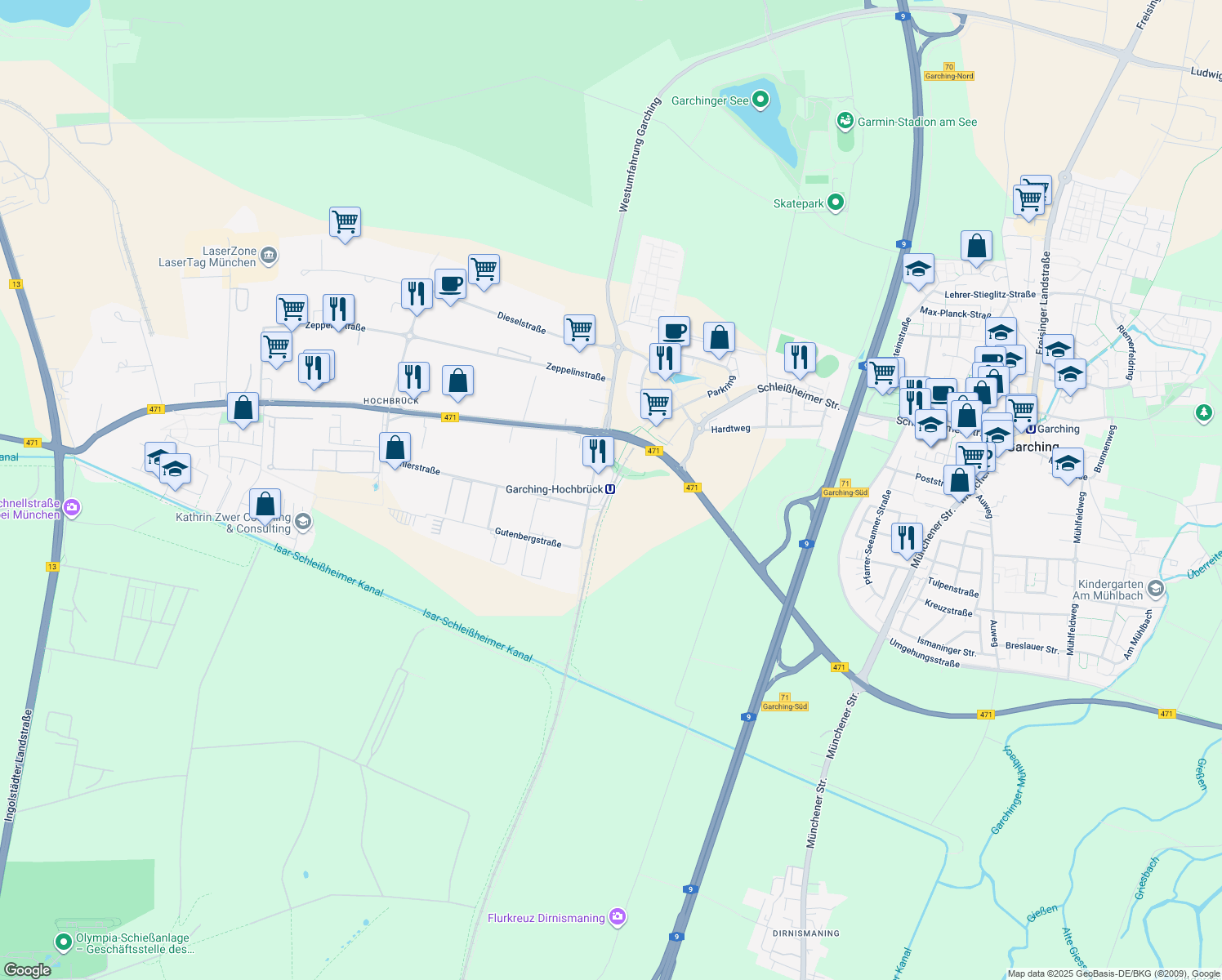 map of restaurants, bars, coffee shops, grocery stores, and more near in Garching bei München