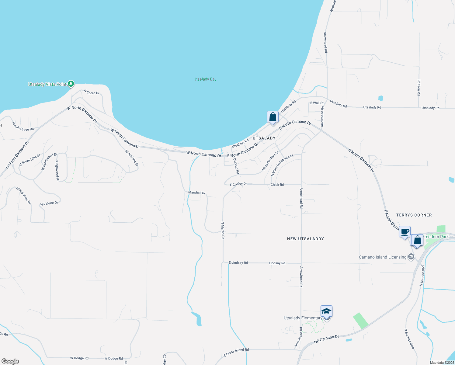 map of restaurants, bars, coffee shops, grocery stores, and more near 10 Vista Del Mar Street in Camano Island