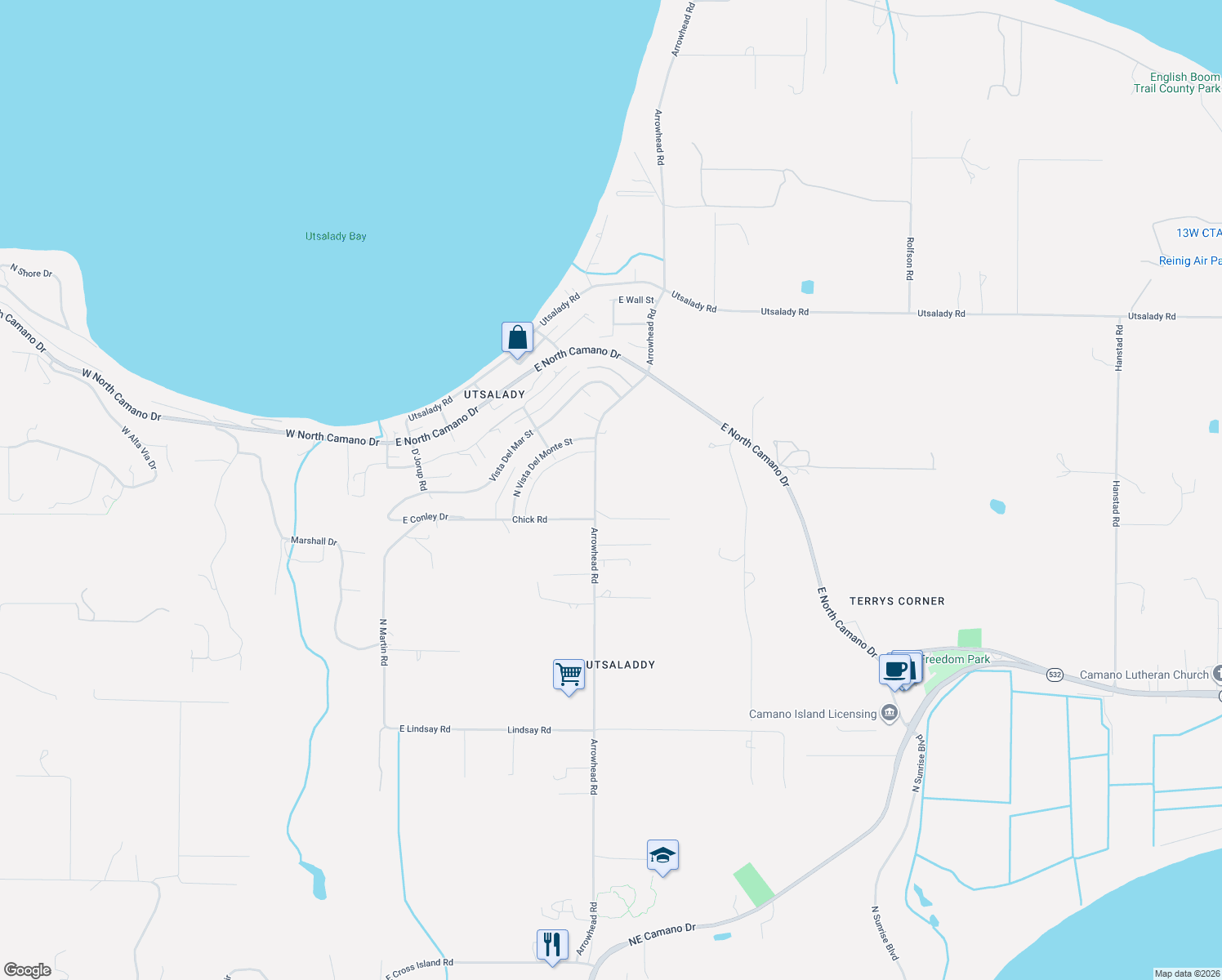 map of restaurants, bars, coffee shops, grocery stores, and more near 1010-1074 Arrowhead Road in Camano Island