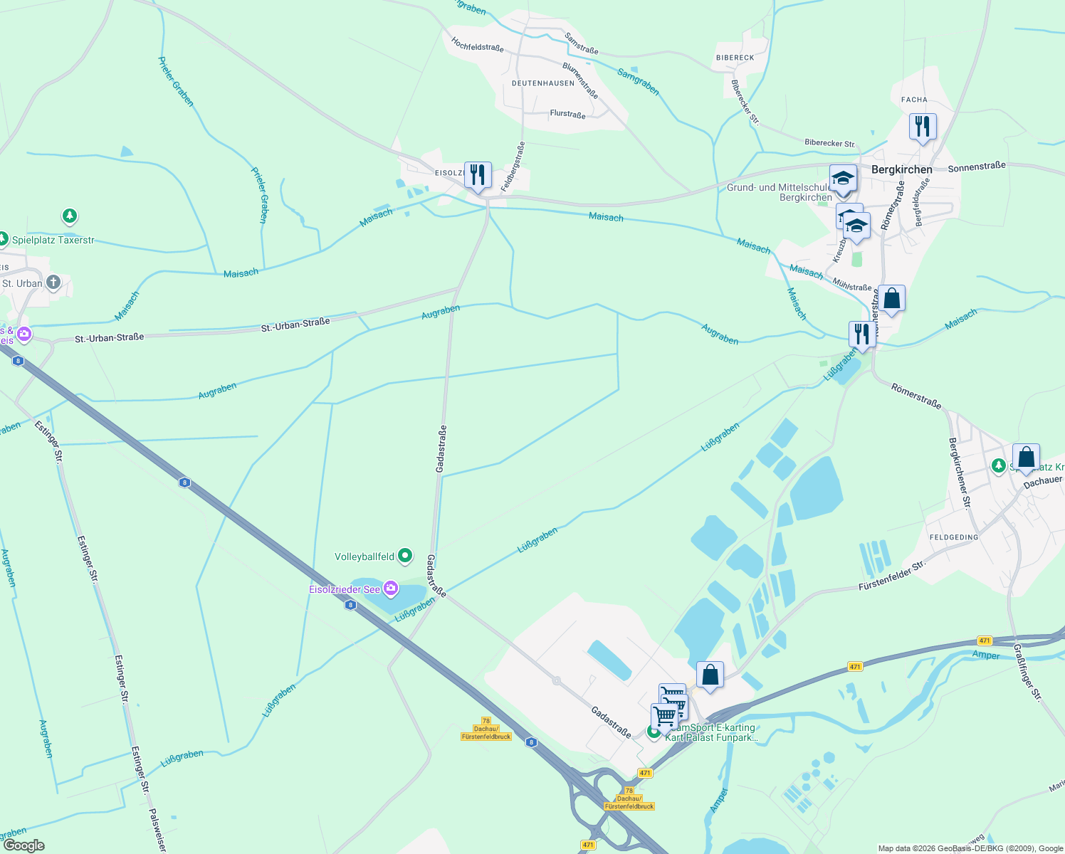 map of restaurants, bars, coffee shops, grocery stores, and more near in Bergkirchen