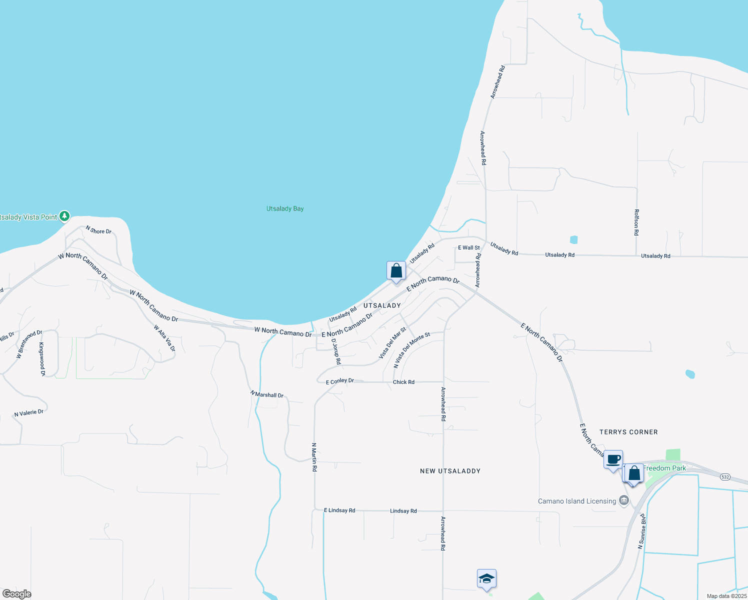 map of restaurants, bars, coffee shops, grocery stores, and more near 94 Utsalady Road in Camano