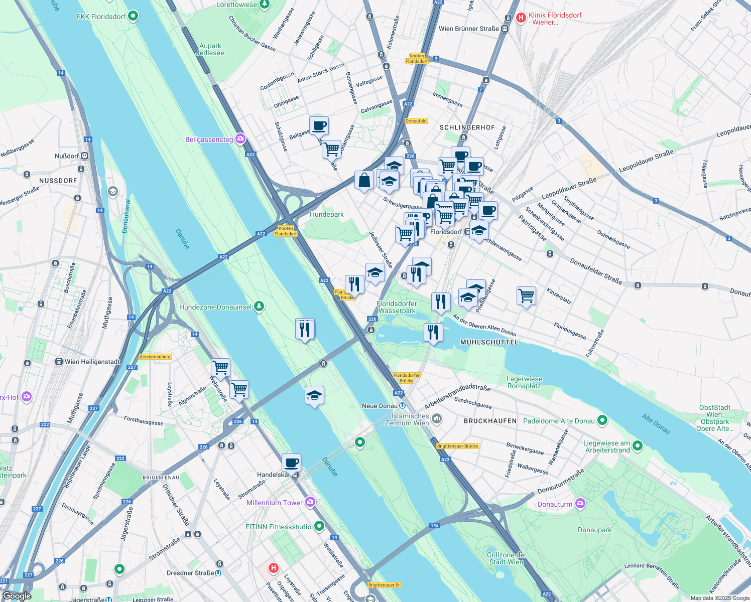 map of restaurants, bars, coffee shops, grocery stores, and more near 1 Floridsdorfer Hauptstraße in Wien