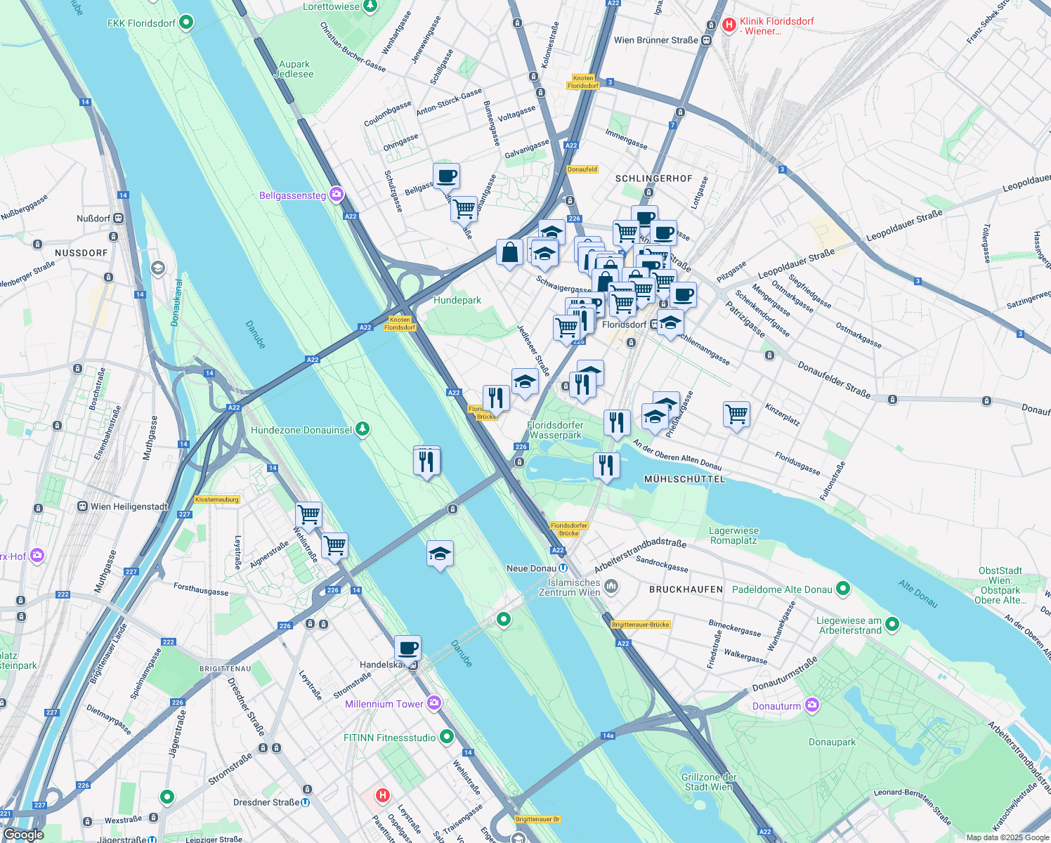 map of restaurants, bars, coffee shops, grocery stores, and more near 1 Floridsdorfer Hauptstraße in Wien