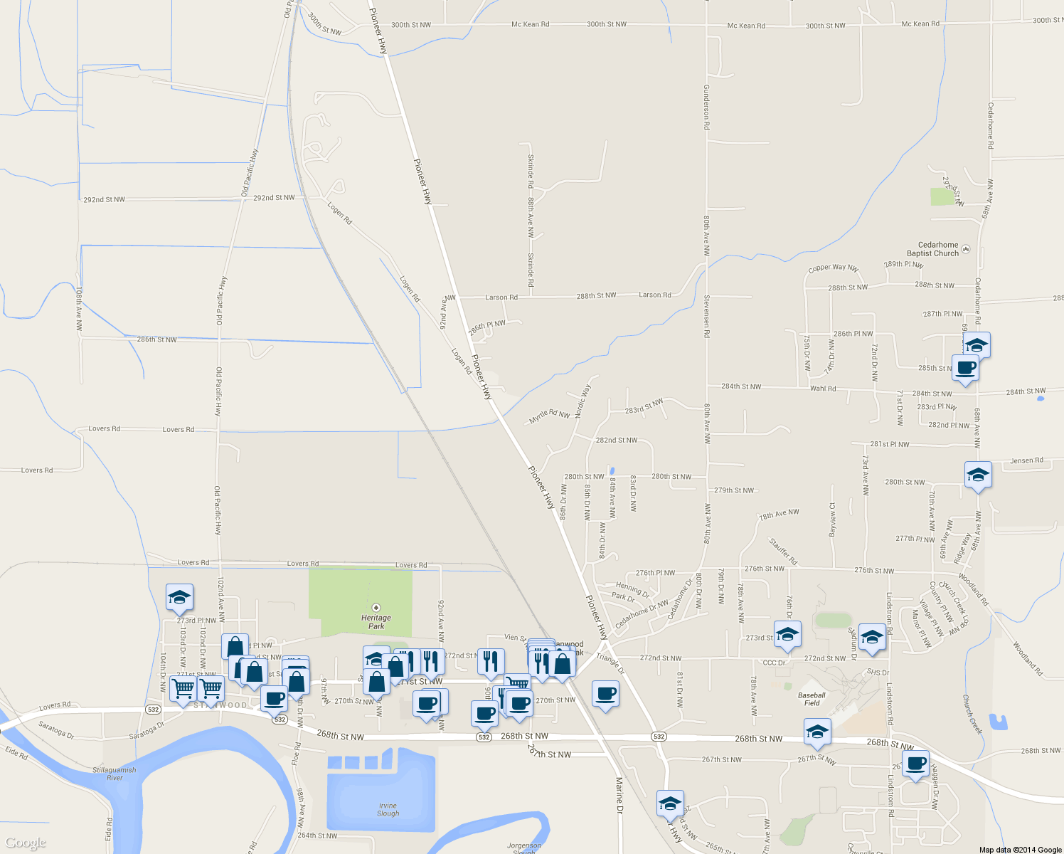 map of restaurants, bars, coffee shops, grocery stores, and more near 8706 Myrtle Road Northwest in Stanwood