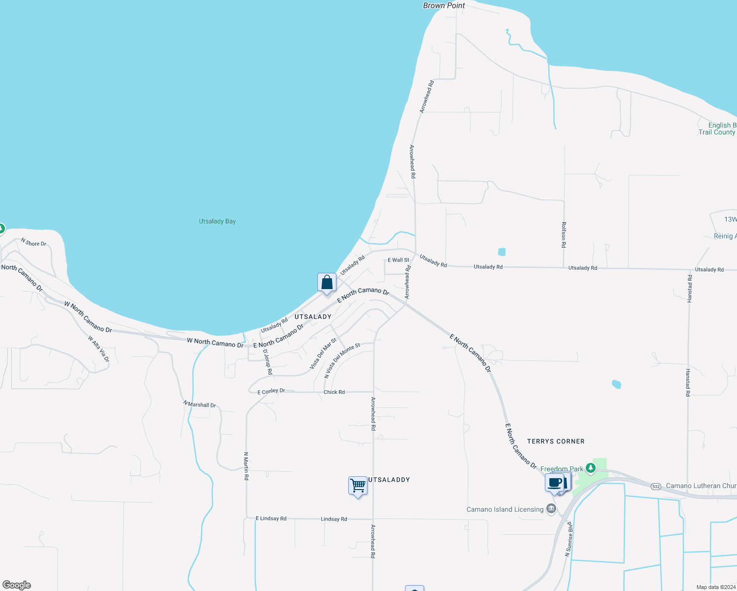 map of restaurants, bars, coffee shops, grocery stores, and more near 1177 Pleasant View Street in Camano