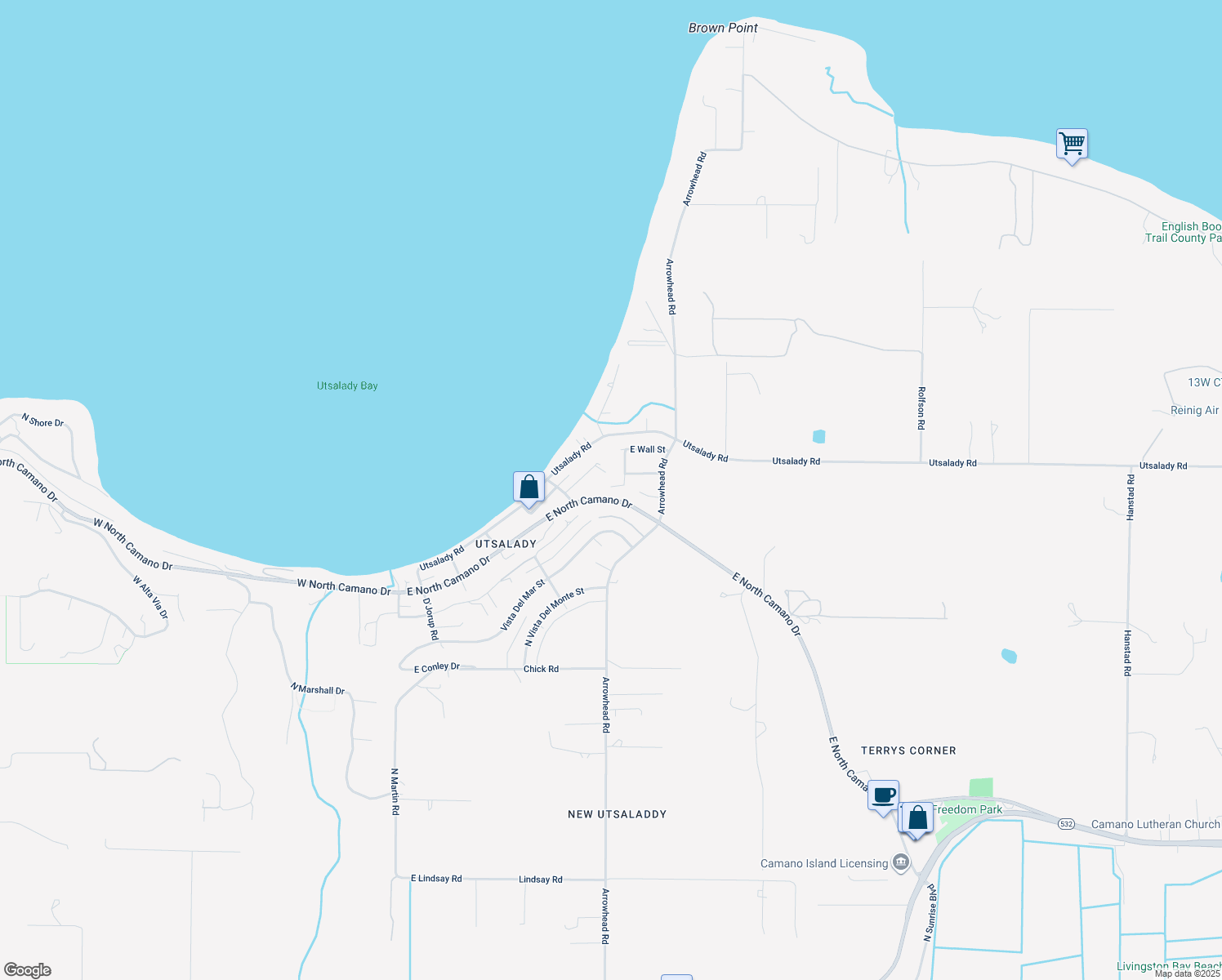 map of restaurants, bars, coffee shops, grocery stores, and more near 1177 Pleasant View Street in Camano