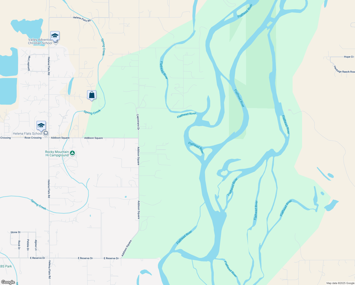 map of restaurants, bars, coffee shops, grocery stores, and more near 455 Addison Square in Kalispell