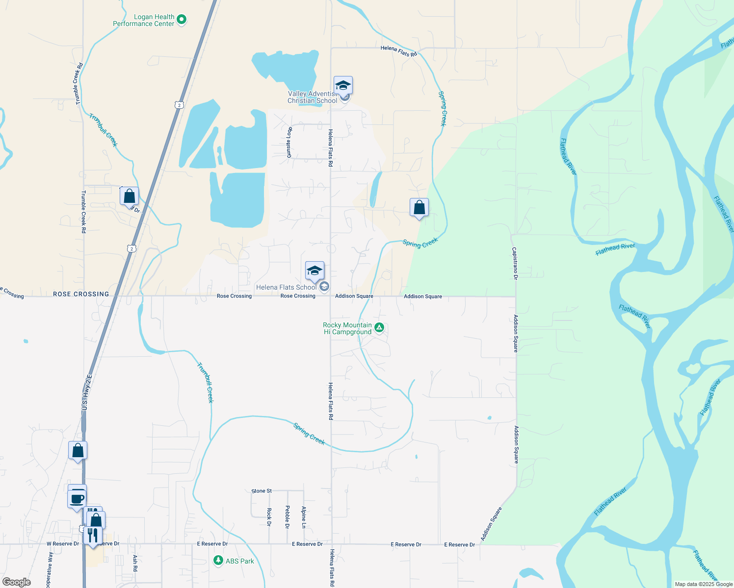 map of restaurants, bars, coffee shops, grocery stores, and more near 750 Addison Square in Kalispell