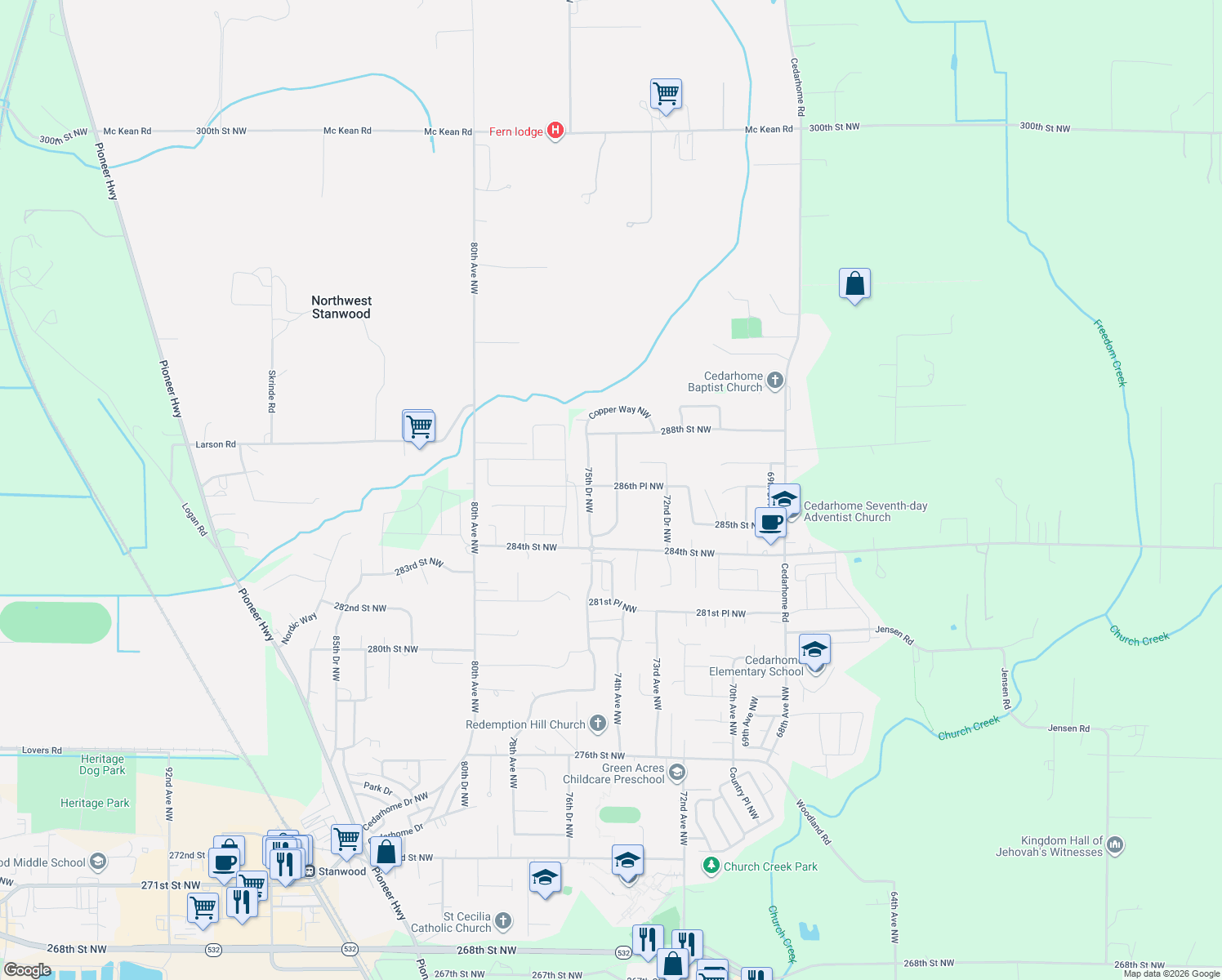 map of restaurants, bars, coffee shops, grocery stores, and more near 28540 74th Drive Northwest in Stanwood