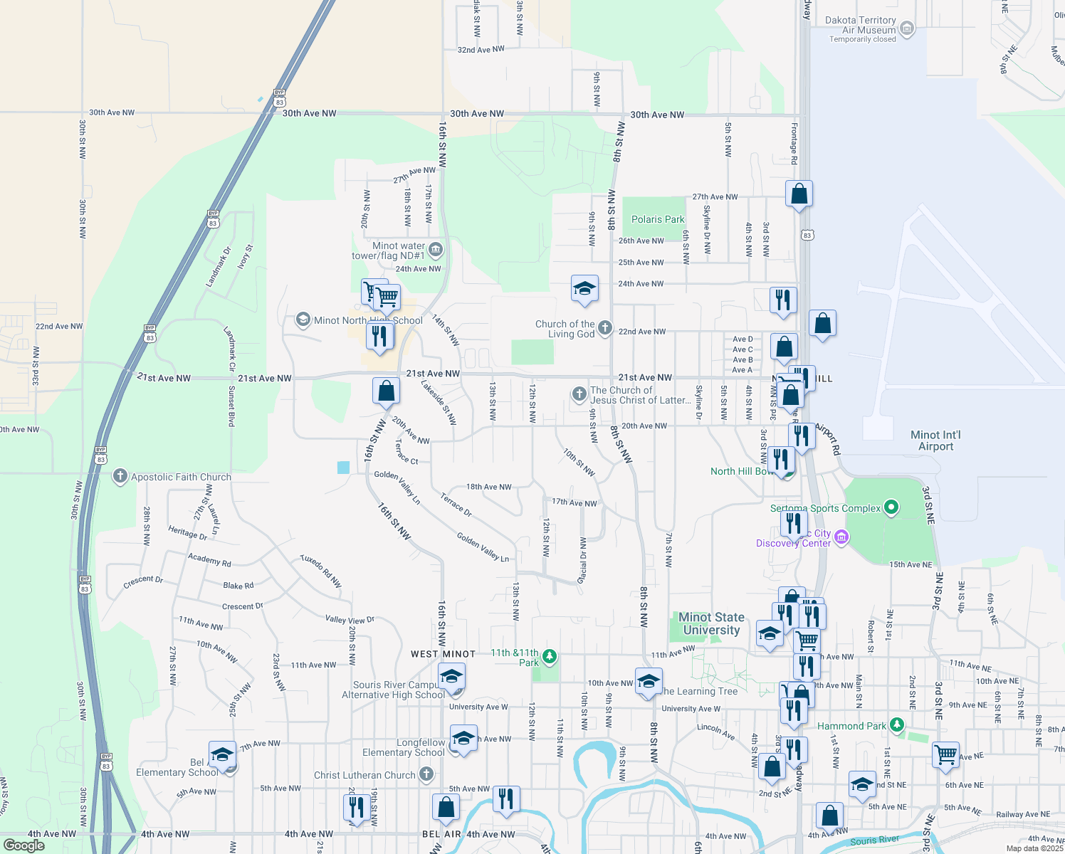 map of restaurants, bars, coffee shops, grocery stores, and more near 1998 12th St NW in Minot